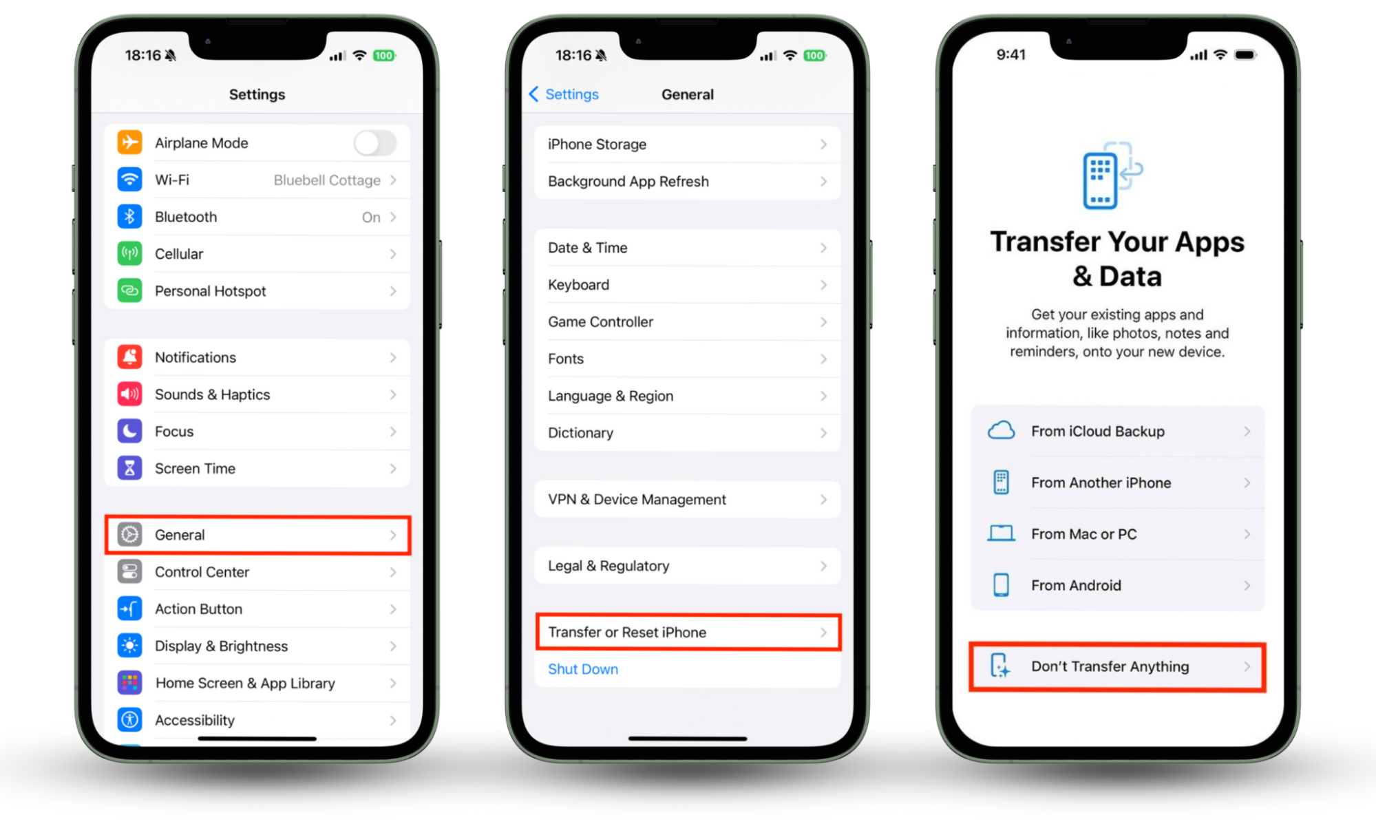 The Settings app on iPhone showing the General button. To reset your device if you detect FlexiSpy on iPhone, first tap General, then select Transfer or Reset iPhone. Select Erase All Content and Settings to perform a factory reset, then choose Don't Transfer Apps & Data during setup to install a fresh copy of iOS. The Settings app on iPhone showing the General button. To reset your device if you detect FlexiSpy on iPhone, first tap General, then select Transfer or Reset iPhone. Select Erase All Content and Settings to perform a factory reset, then choose Don't Transfer Apps & Data during setup to install a fresh copy of iOS.