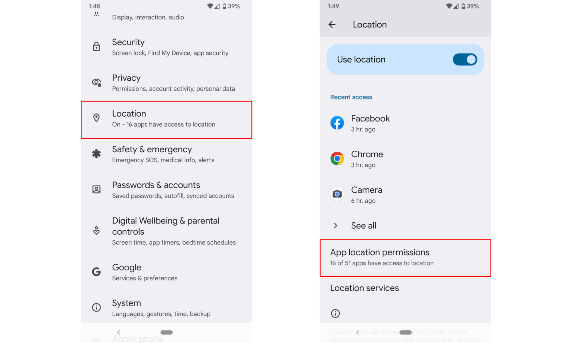 Screenshot of directions to go from Settings to Location to App Location Permissions on Android phone Screenshot of directions to go from Settings to Location to App Location Permissions on Android phone