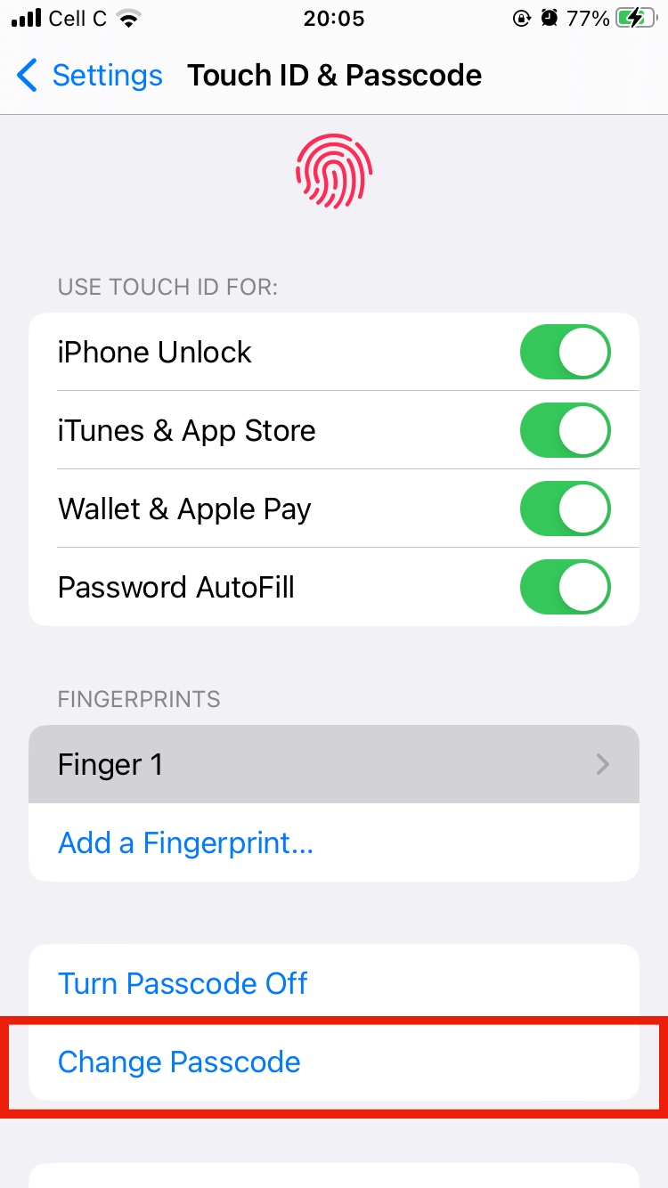 The option to change one's iPhone passcode is selected in iOS settings. The option to change one's iPhone passcode is selected in iOS settings.