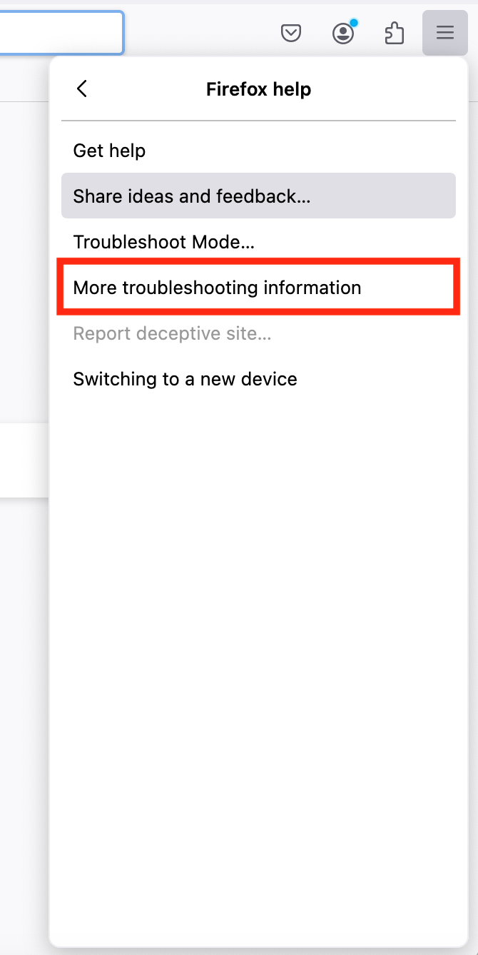 A screenshot of the Firefox help menu showing how to access More troubleshooting information and remove malware from Mac. A screenshot of the Firefox help menu showing how to access More troubleshooting information and remove malware from Mac.
