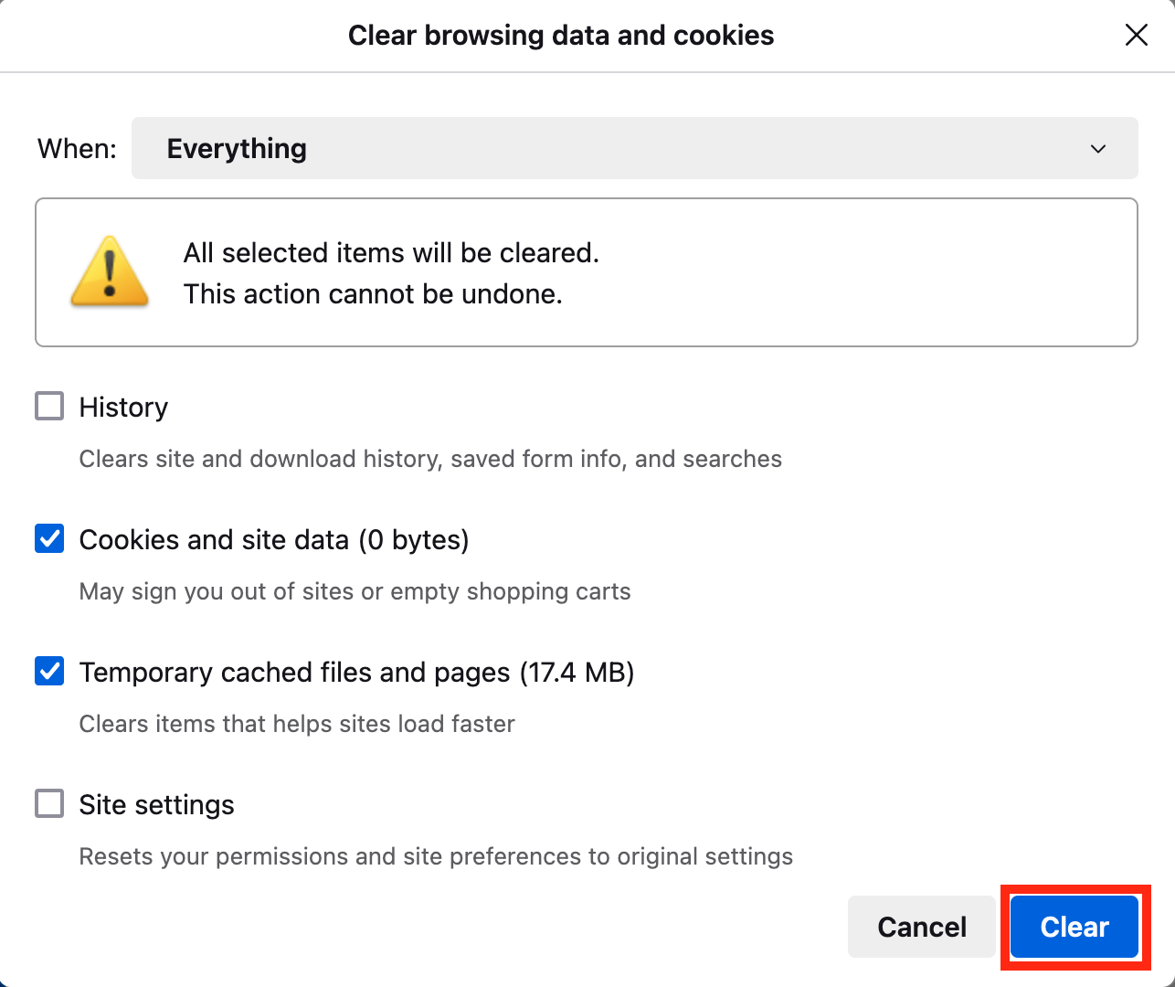 A screenshot of Firefox's Clear browsing data and cookies window showing how to clear data and remove malware from Mac. A screenshot of Firefox's Clear browsing data and cookies window showing how to clear data and remove malware from Mac.