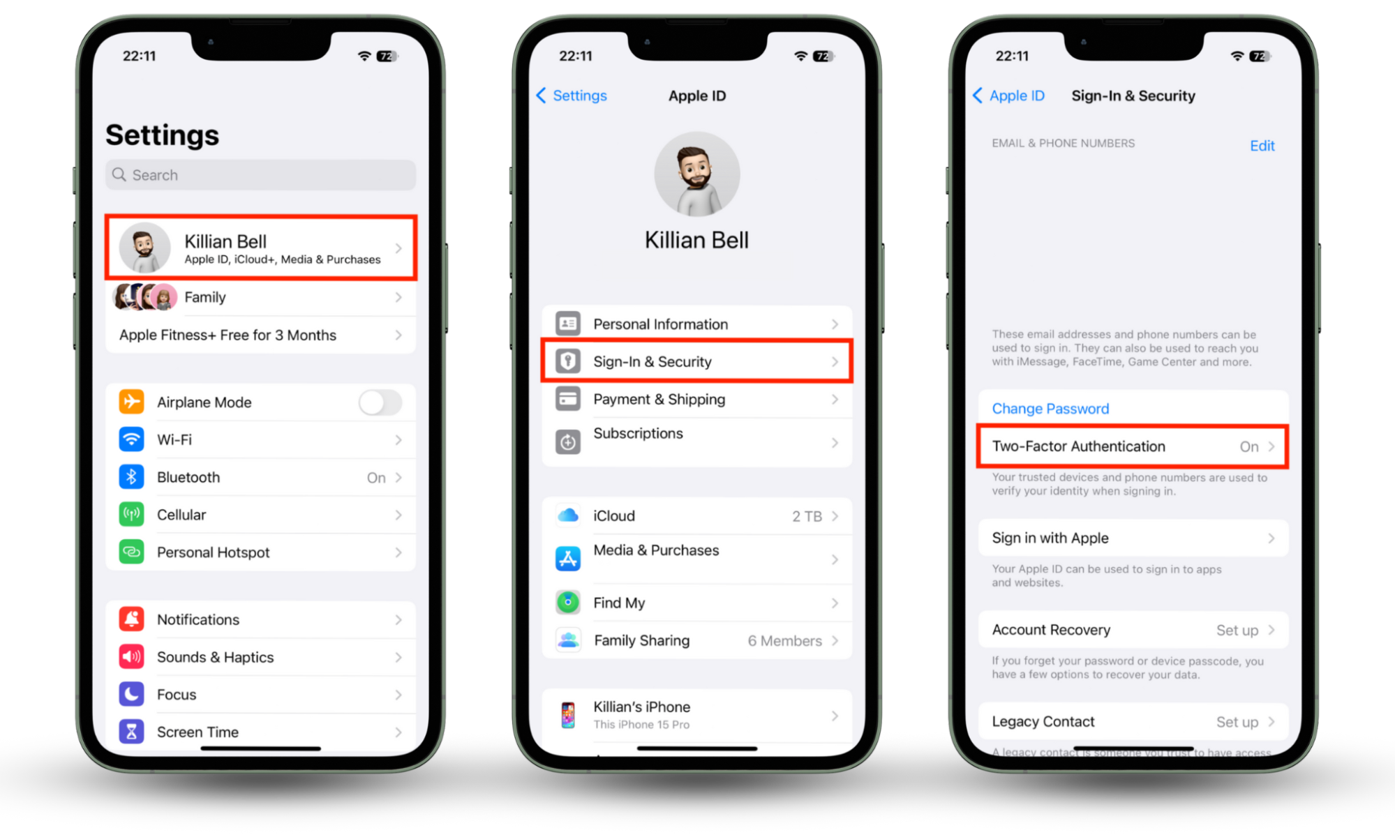 The Settings app on iPhone showing the option to enable two-factor authentication. After tapping your name in the Settings app, select Sign-In & Security, then choose Two-Factor Authentication to enable the feature, which will help prevent your FaceTime from being tapped. The Settings app on iPhone showing the option to enable two-factor authentication. After tapping your name in the Settings app, select Sign-In & Security, then choose Two-Factor Authentication to enable the feature, which will help prevent your FaceTime from being tapped.