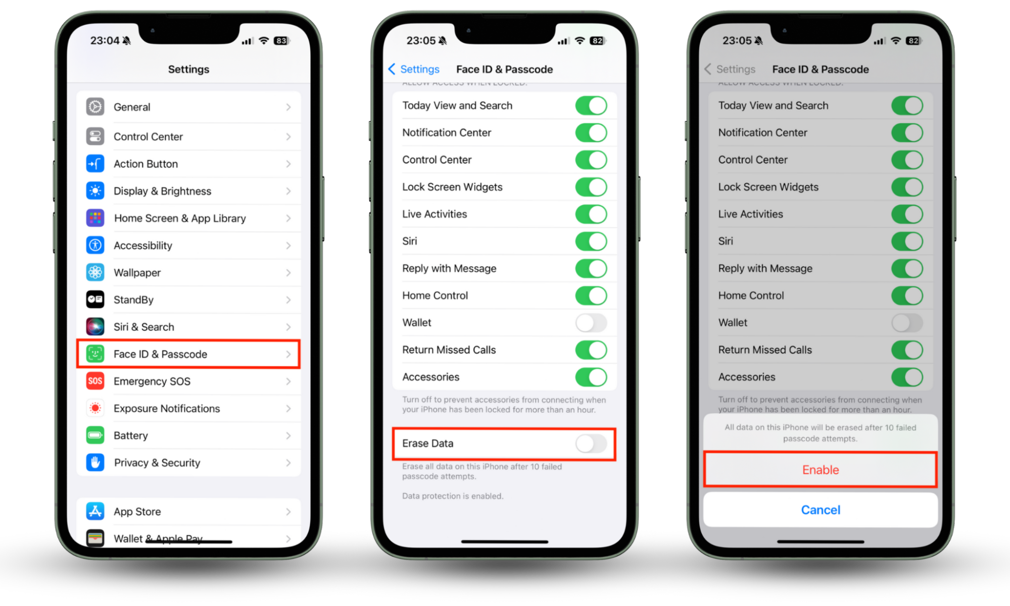 The Erase Data feature inside the Face ID menu on iPhone. Go to Settings > Face ID & Passcode and enable the Erase Data option. This activates self-destruct mode, which clears all data on your iPhone if it is compromised by hackers. The Erase Data feature inside the Face ID menu on iPhone. Go to Settings > Face ID & Passcode and enable the Erase Data option. This activates self-destruct mode, which clears all data on your iPhone if it is compromised by hackers.