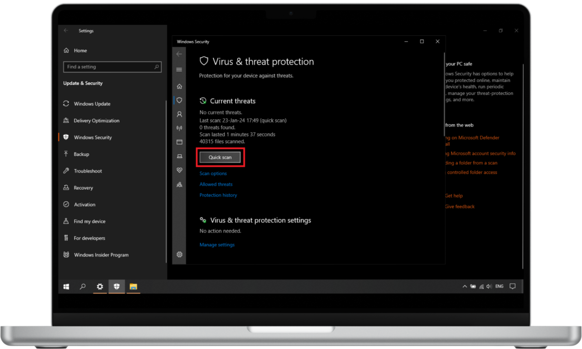 To scan for malware threats on Windows 10 and 11, go to the Current threats section and click Quick scan. In early versions of Windows 10, go to Threat history, and click on Scan now. On Windows 11, you may have to click on Show more options after selecting the option to scan the file or folder. To scan for malware threats on Windows 10 and 11, go to the Current threats section and click Quick scan. In early versions of Windows 10, go to Threat history, and click on Scan now. On Windows 11, you may have to click on Show more options after selecting the option to scan the file or folder.