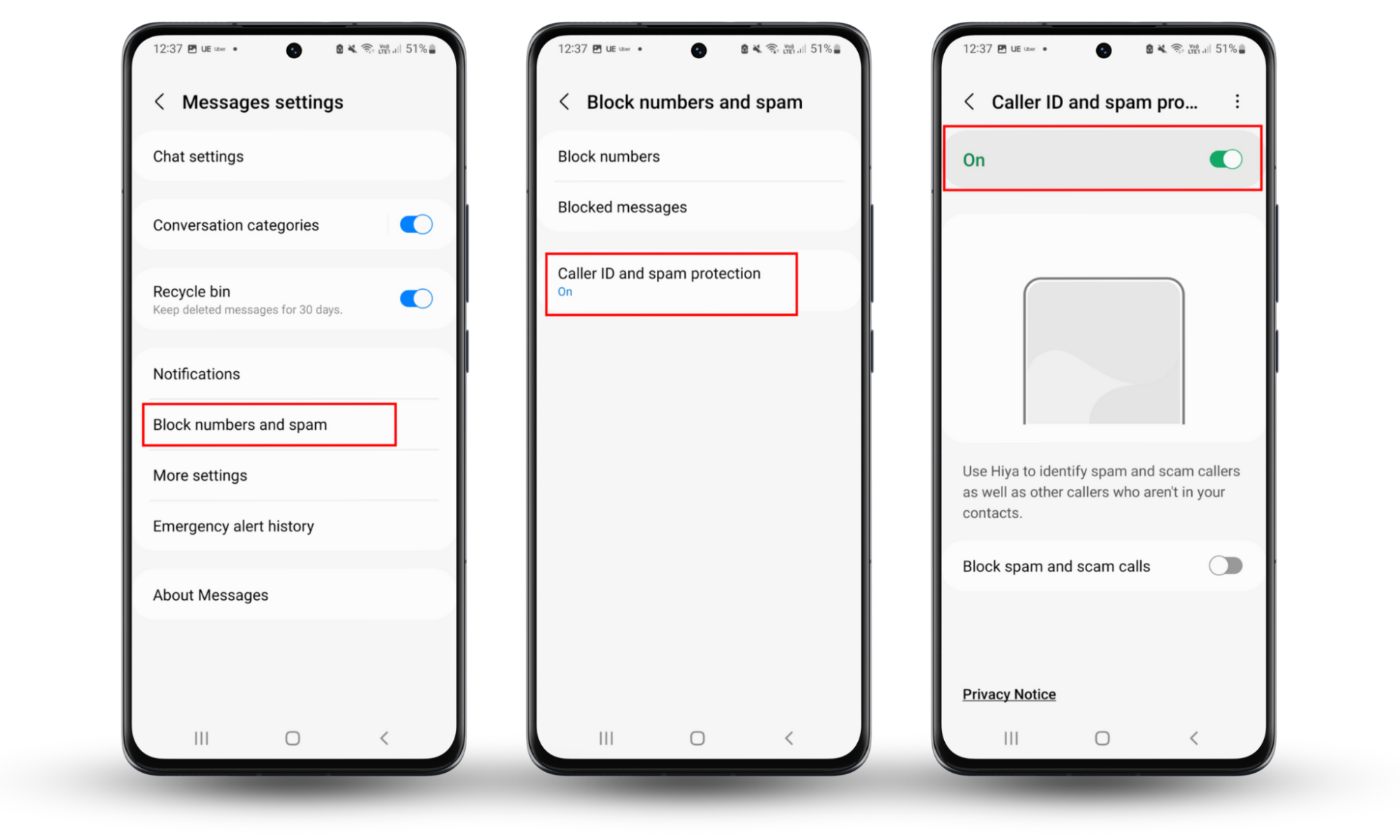 Android screenshots showing how to enable Called ID and spam protection to block spam messages and protect from being hacked by responding to texts. Android screenshots showing how to enable Called ID and spam protection to block spam messages and protect from being hacked by responding to texts.