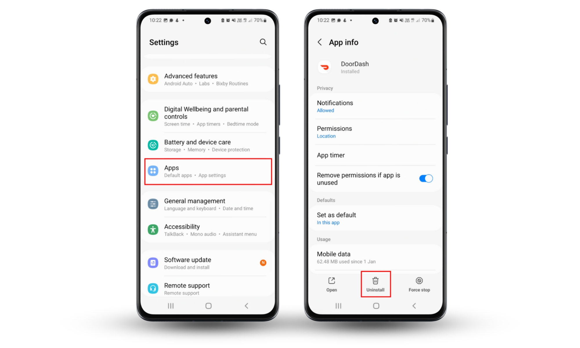 Screenshots of an Android device showing how to scan your Apps list for suspicious apps. Tap any unknown app and select Uninstall to stop it from tracking your phone. Screenshots of an Android device showing how to scan your Apps list for suspicious apps. Tap any unknown app and select Uninstall to stop it from tracking your phone.