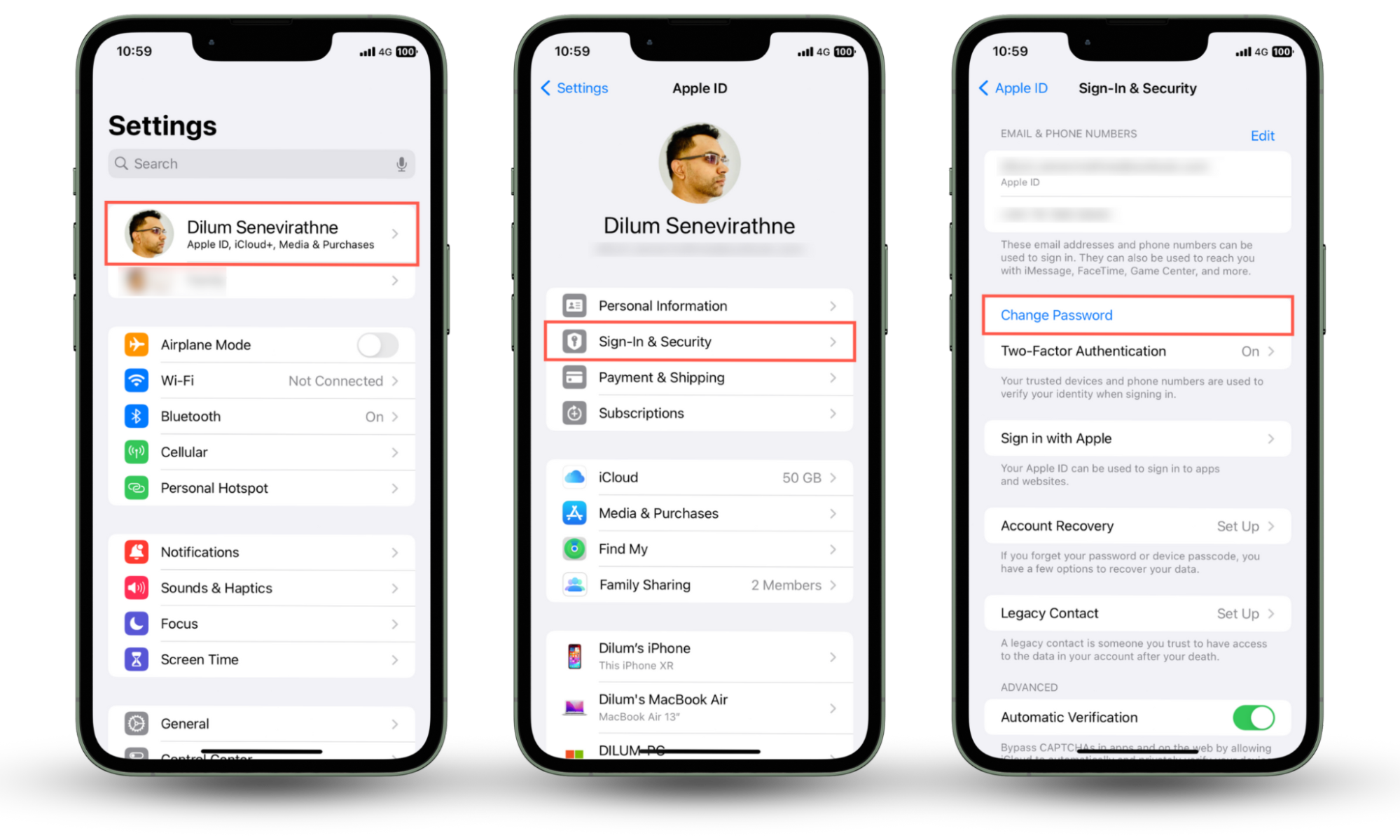 Screenshots that demonstrate how to update the security information for your Apple ID while dealing with compromised passwords on your iPhone. Screenshots that demonstrate how to update the security information for your Apple ID while dealing with compromised passwords on your iPhone.