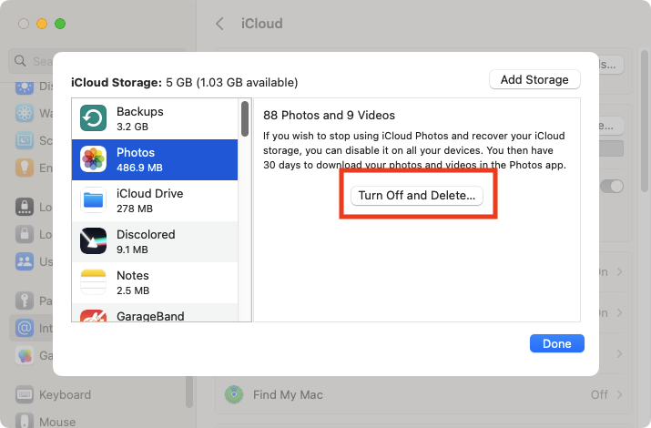 iCloud Storage settings in macOS. Select iCloud Storage settings in macOS. Select