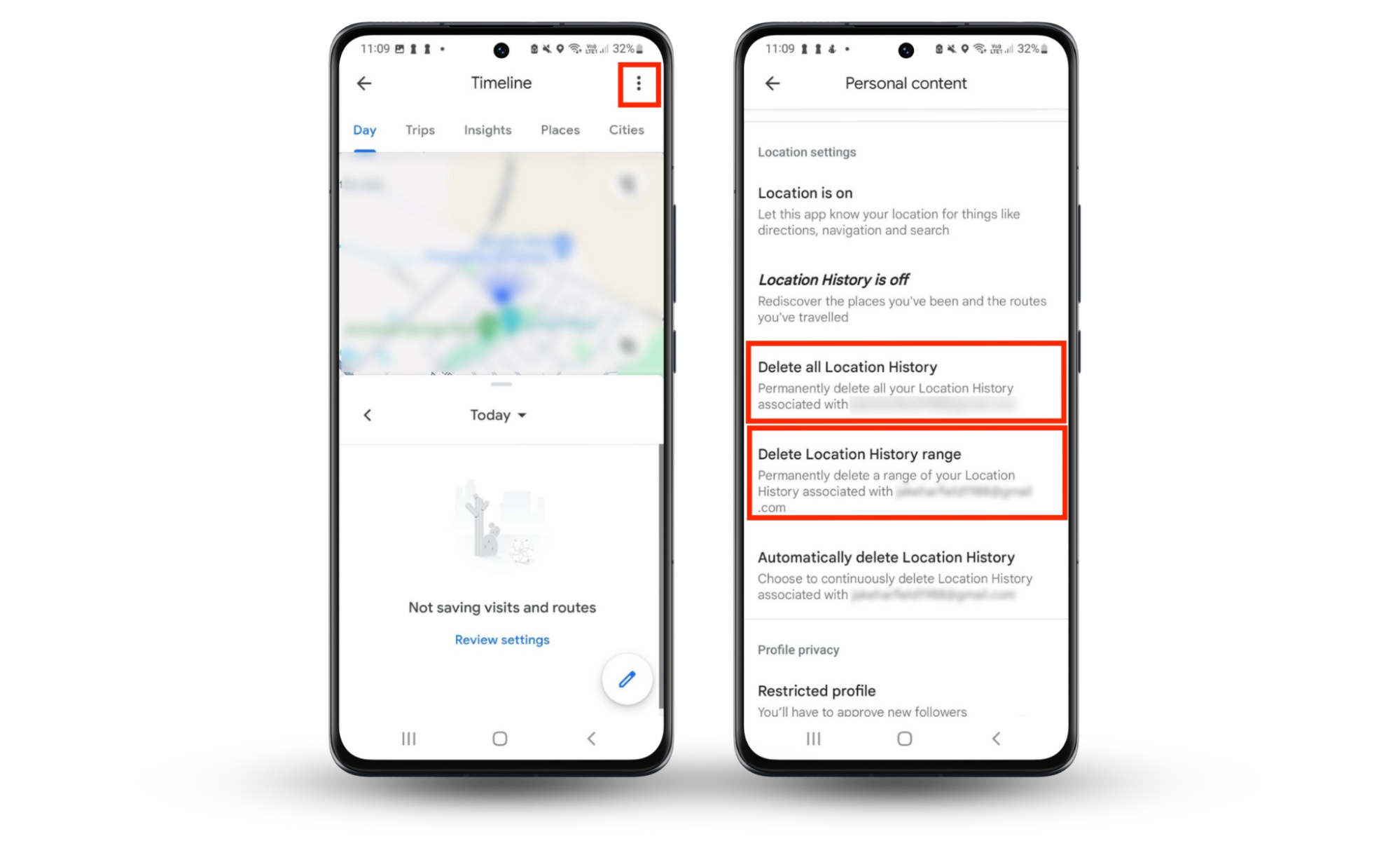 Android device screen instructing on how to Delete all Location History on an Android phone. Android device screen instructing on how to Delete all Location History on an Android phone.