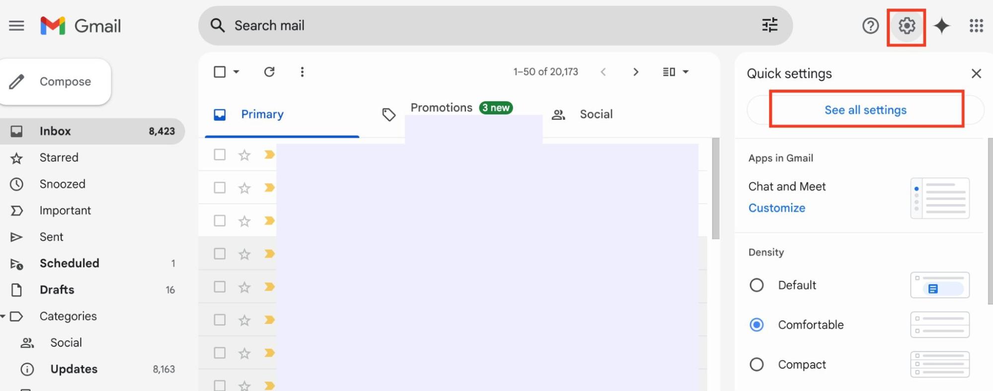 Google’s settings options appear in a user’s Gmail account. Click on See all settings to check your mail settings and review forwarding details. Google’s settings options appear in a user’s Gmail account. Click on See all settings to check your mail settings and review forwarding details.