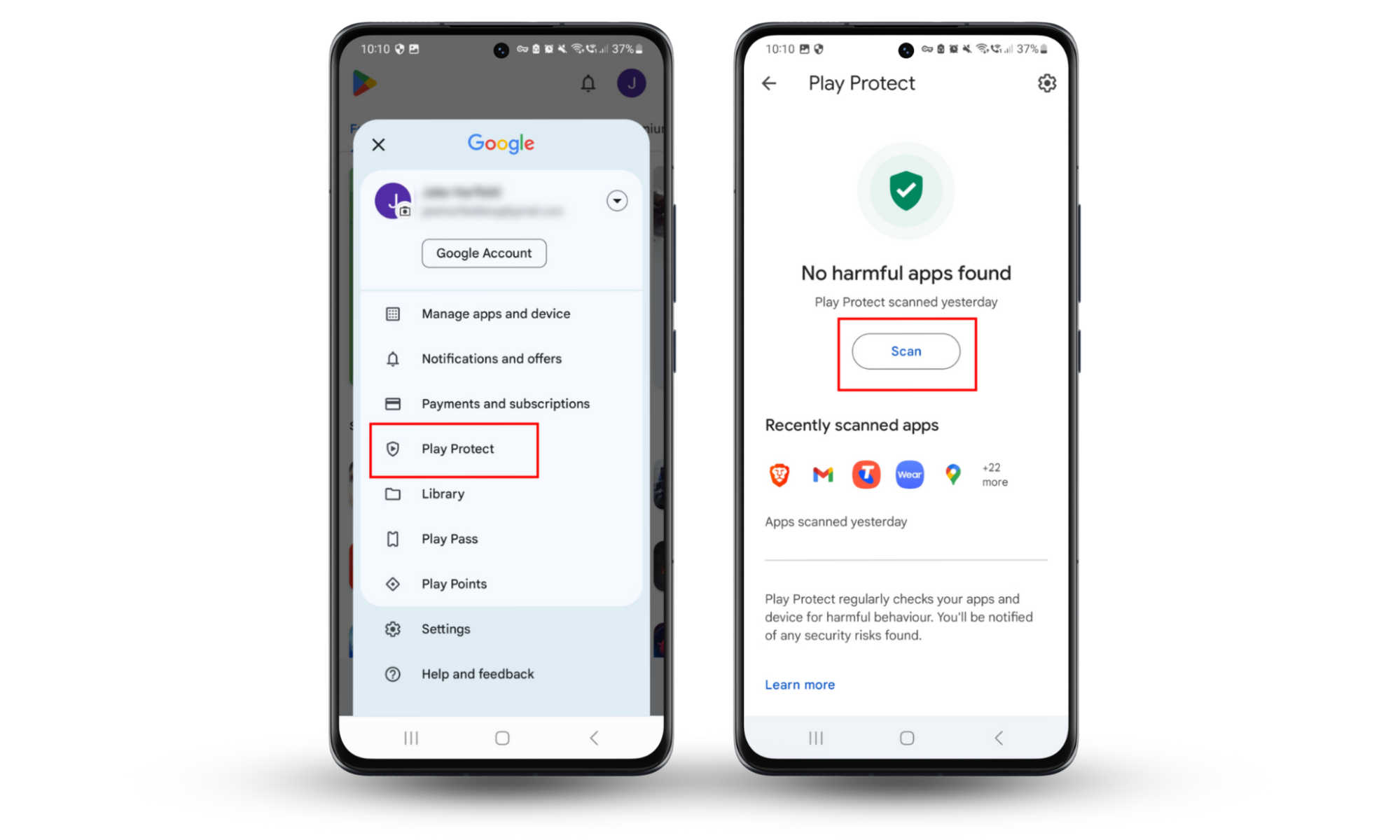 Screenshots showing how to access Google Play Store's Play Protect option to find mSpy on Android. Screenshots showing how to access Google Play Store's Play Protect option to find mSpy on Android.