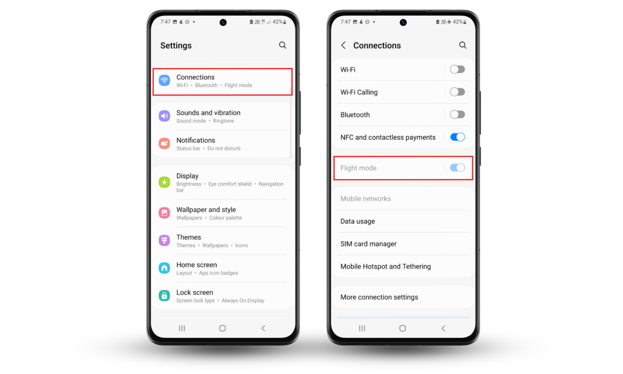 If your Android is tapped, switch to Flight mode. To do this, press Settings > Connections and toggle on Flight mode. If your Android is tapped, switch to Flight mode. To do this, press Settings > Connections and toggle on Flight mode.