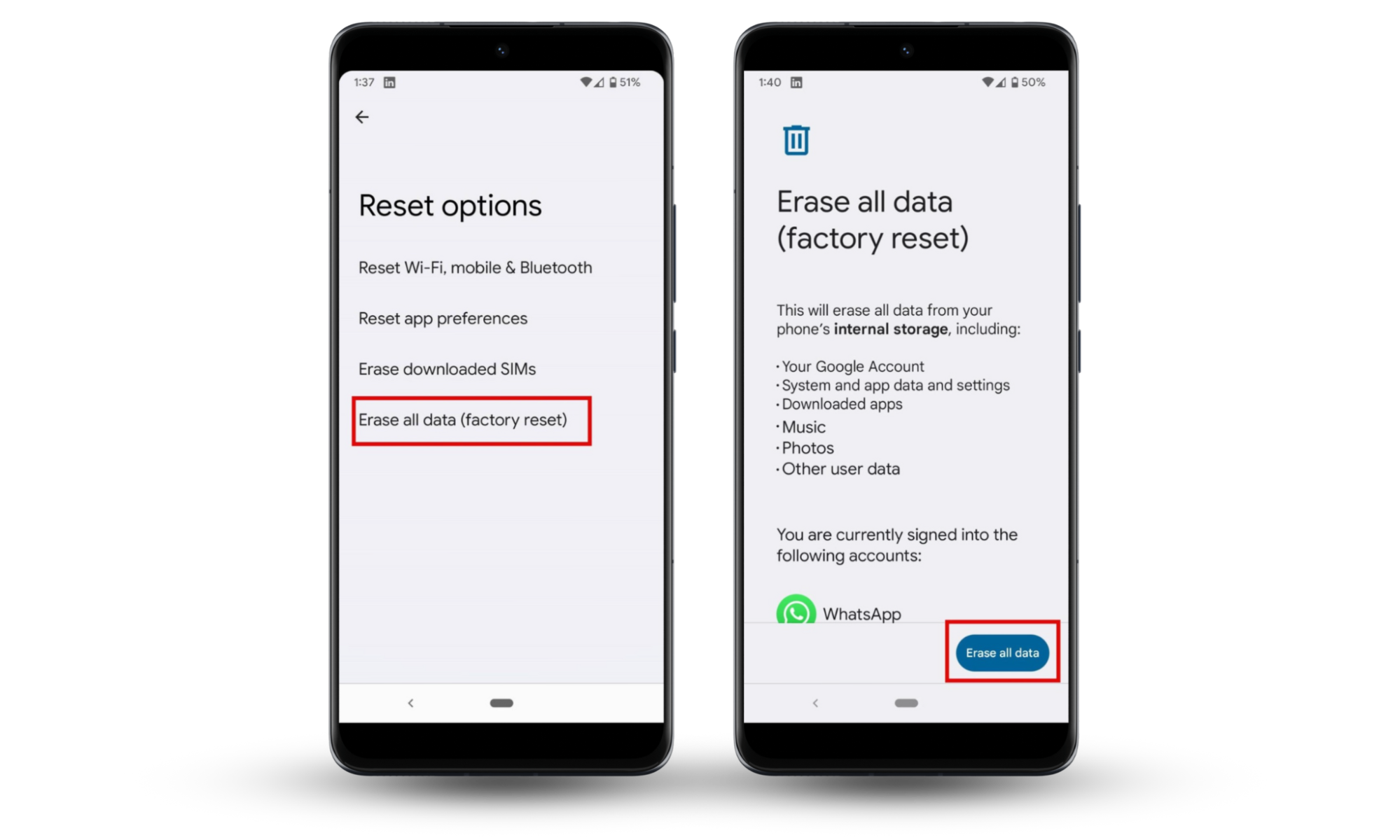 If your phone won't connect to Wi-Fi, reset network settings on Android. Select Erase all data (factory reset).Tap Erase all data. If your phone won't connect to Wi-Fi, reset network settings on Android. Select Erase all data (factory reset).Tap Erase all data.
