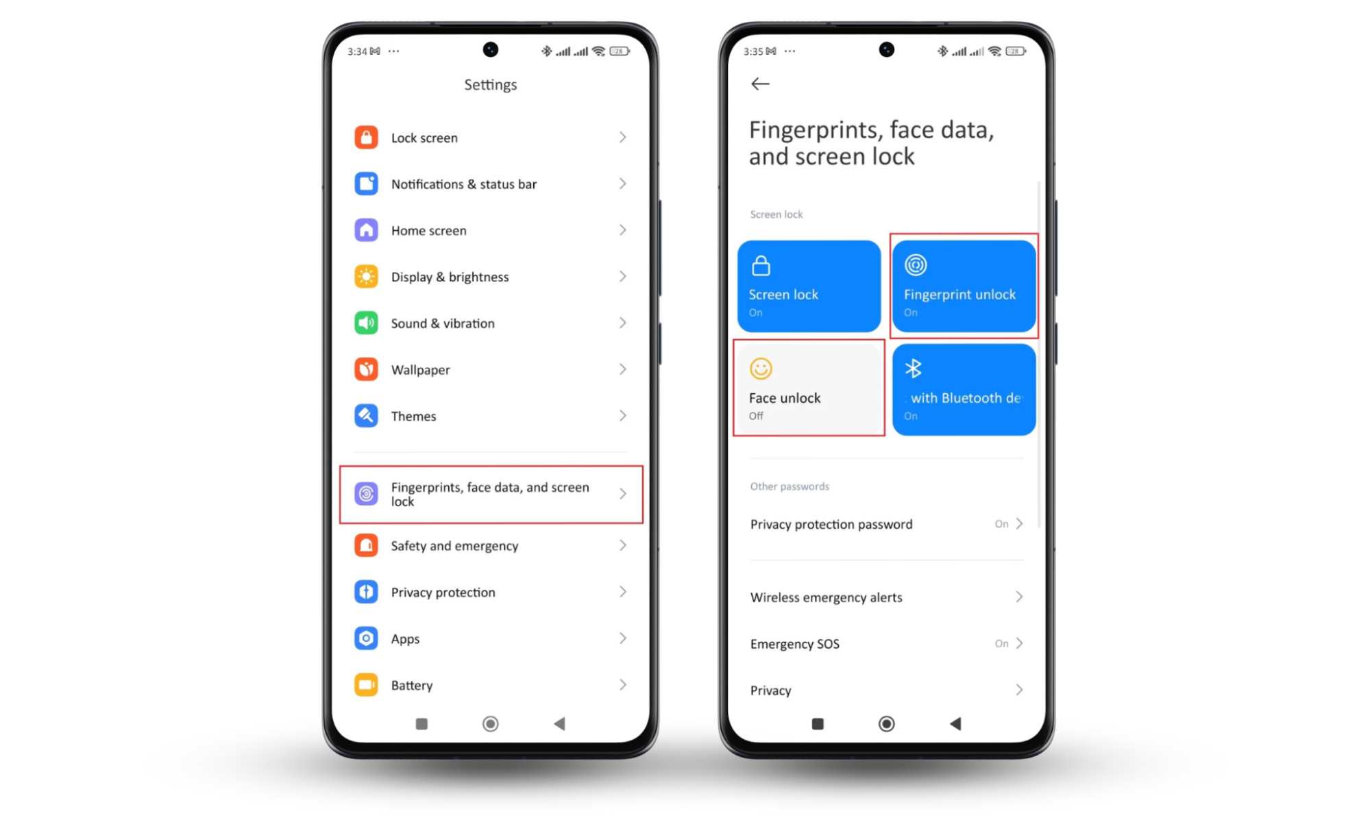 Instructions to enable biometrics to prevent stalkerware on Android: open Settings, go to Fingerprints, face data, and screen lock, select Fingerprint unlock or Face unlock. Instructions to enable biometrics to prevent stalkerware on Android: open Settings, go to Fingerprints, face data, and screen lock, select Fingerprint unlock or Face unlock.