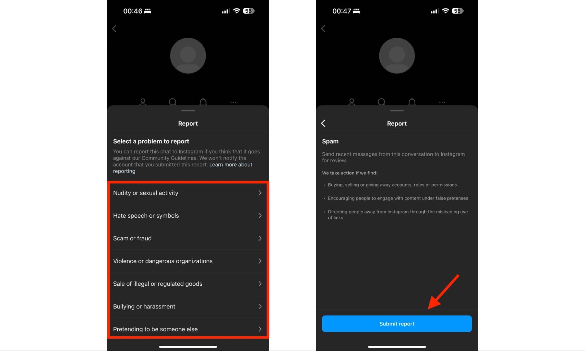 Instagram on iPhone showing the Report tool. Choose a reason for the report, then tap Submit Report. Instagram on iPhone showing the Report tool. Choose a reason for the report, then tap Submit Report.