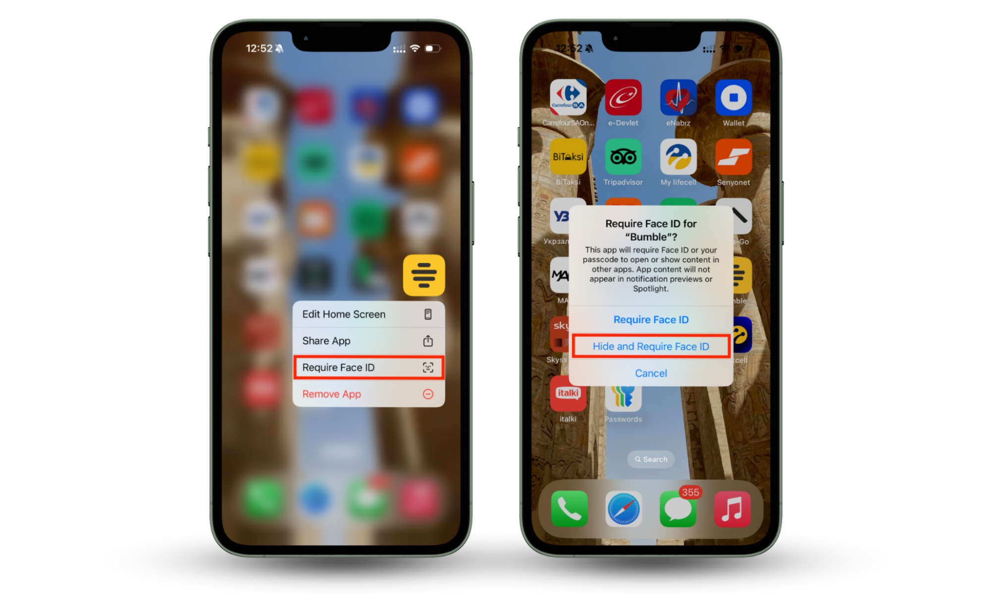 An iPhone screenshot showing the menu options when you long-press an app icon. The home screen shows how to lock apps on iPhone iOS 18 and further hide them by requiring Face ID An iPhone screenshot showing the menu options when you long-press an app icon. The home screen shows how to lock apps on iPhone iOS 18 and further hide them by requiring Face ID