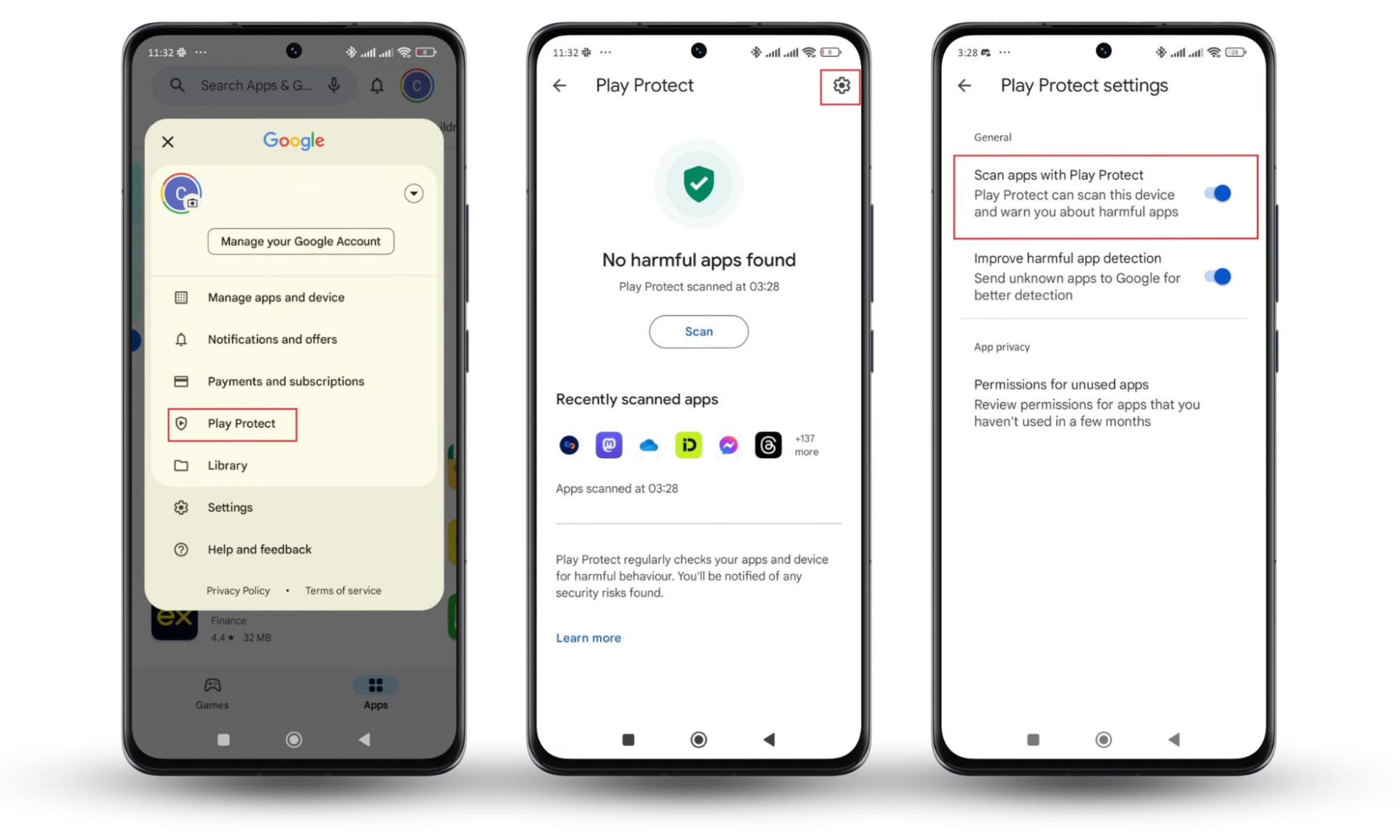 Instructions to keep Google Play Protect on to prevent stalkerware: open Google Play Store, tap the profile icon, select Play Protect, click the gear icon, and ensure the toggle is blue. Instructions to keep Google Play Protect on to prevent stalkerware: open Google Play Store, tap the profile icon, select Play Protect, click the gear icon, and ensure the toggle is blue.