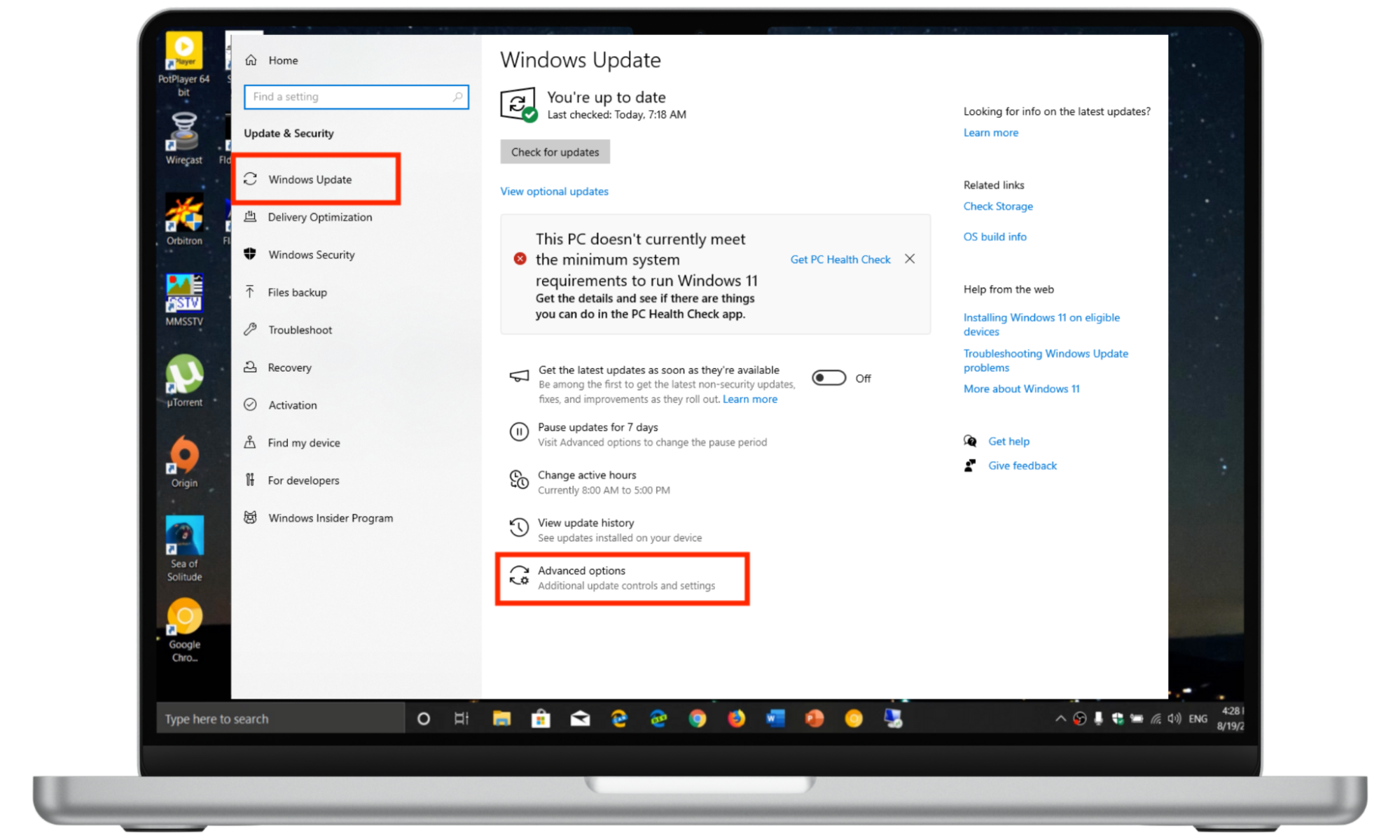 The settings app on a Windows computer shows the Windows update settings. The settings app on a Windows computer shows the Windows update settings.