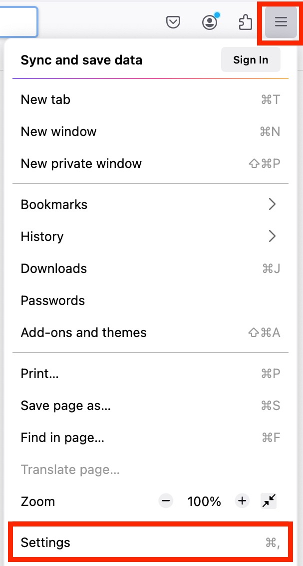A screenshot of Firefox's settings drop-down menu showing how to access settings to remove malware from Mac. A screenshot of Firefox's settings drop-down menu showing how to access settings to remove malware from Mac.