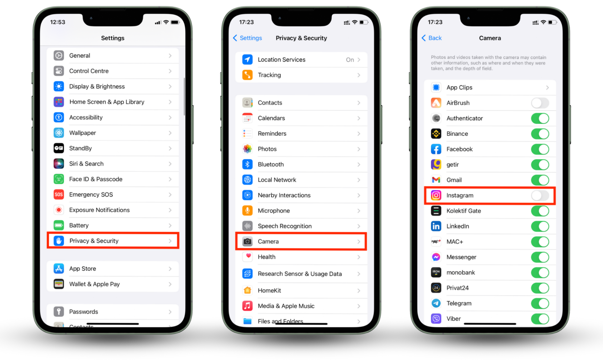 Screenshots of an iPhone showing how to toggle off camera access for the Instagram app to prevent it from spying on you. Screenshots of an iPhone showing how to toggle off camera access for the Instagram app to prevent it from spying on you.