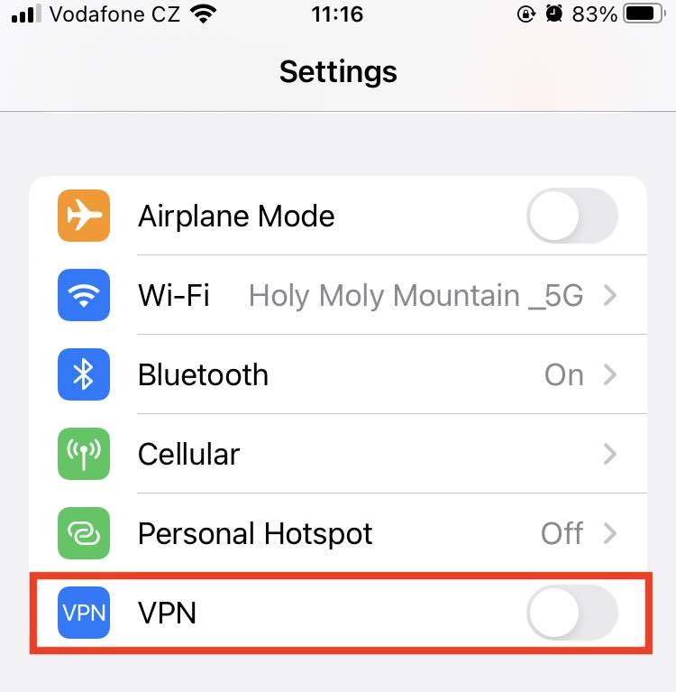 An iPhone screen depicting the 'Settings' app, with the VPN option toggled off. An iPhone screen depicting the 'Settings' app, with the VPN option toggled off.