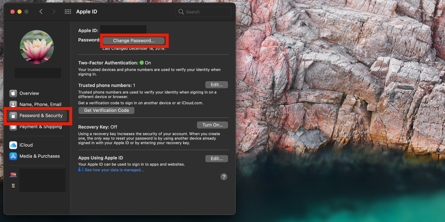 To change your Apple ID password, grab your Apple device and open the Settings app. Select your name (iOS) or Apple ID (Mac) > Password & Security > Change Password. To change your Apple ID password, grab your Apple device and open the Settings app. Select your name (iOS) or Apple ID (Mac) > Password & Security > Change Password.