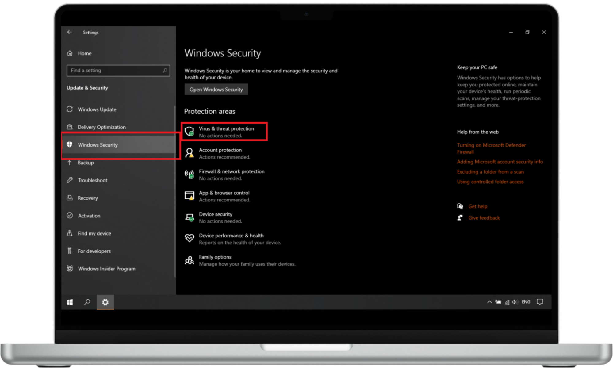 Scan for malware threats on Windows 10 and 11. To do this, select Start > Settings > Update & Security > Windows Security > Virus & threat protection. Scan for malware threats on Windows 10 and 11. To do this, select Start > Settings > Update & Security > Windows Security > Virus & threat protection.
