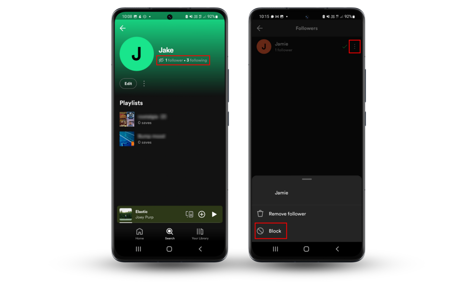 Android screenshots showing how to block followers to prevent your ex from stalking you on Spotify. Android screenshots showing how to block followers to prevent your ex from stalking you on Spotify.
