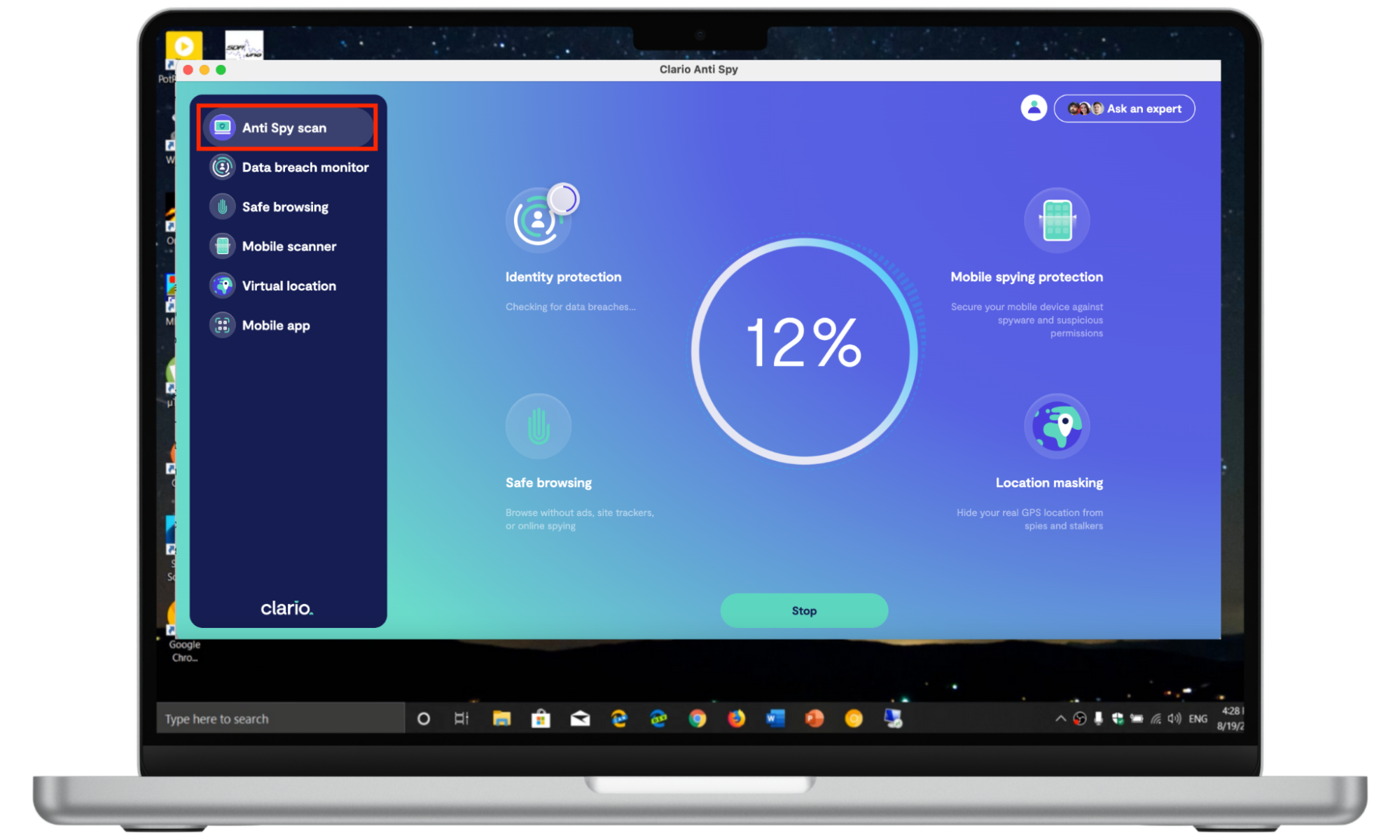 Protect yourself with antivirus software. Download Clario AntiSpy on your Windows PC, get a subscription, and set up an account. Next, click on Anti Spy scan in the sidebar. Protect yourself with antivirus software. Download Clario AntiSpy on your Windows PC, get a subscription, and set up an account. Next, click on Anti Spy scan in the sidebar.