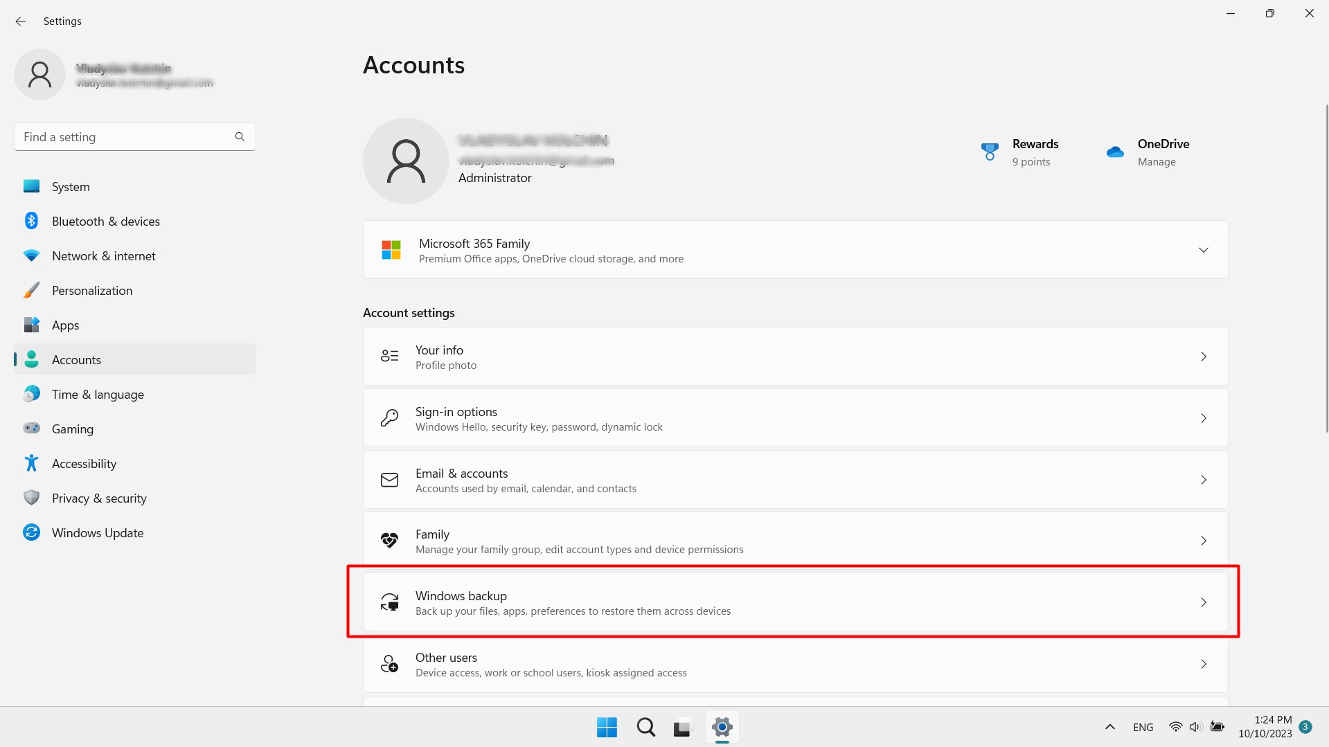 Selecting the Accounts option in Windows backup. Selecting the Accounts option in Windows backup.