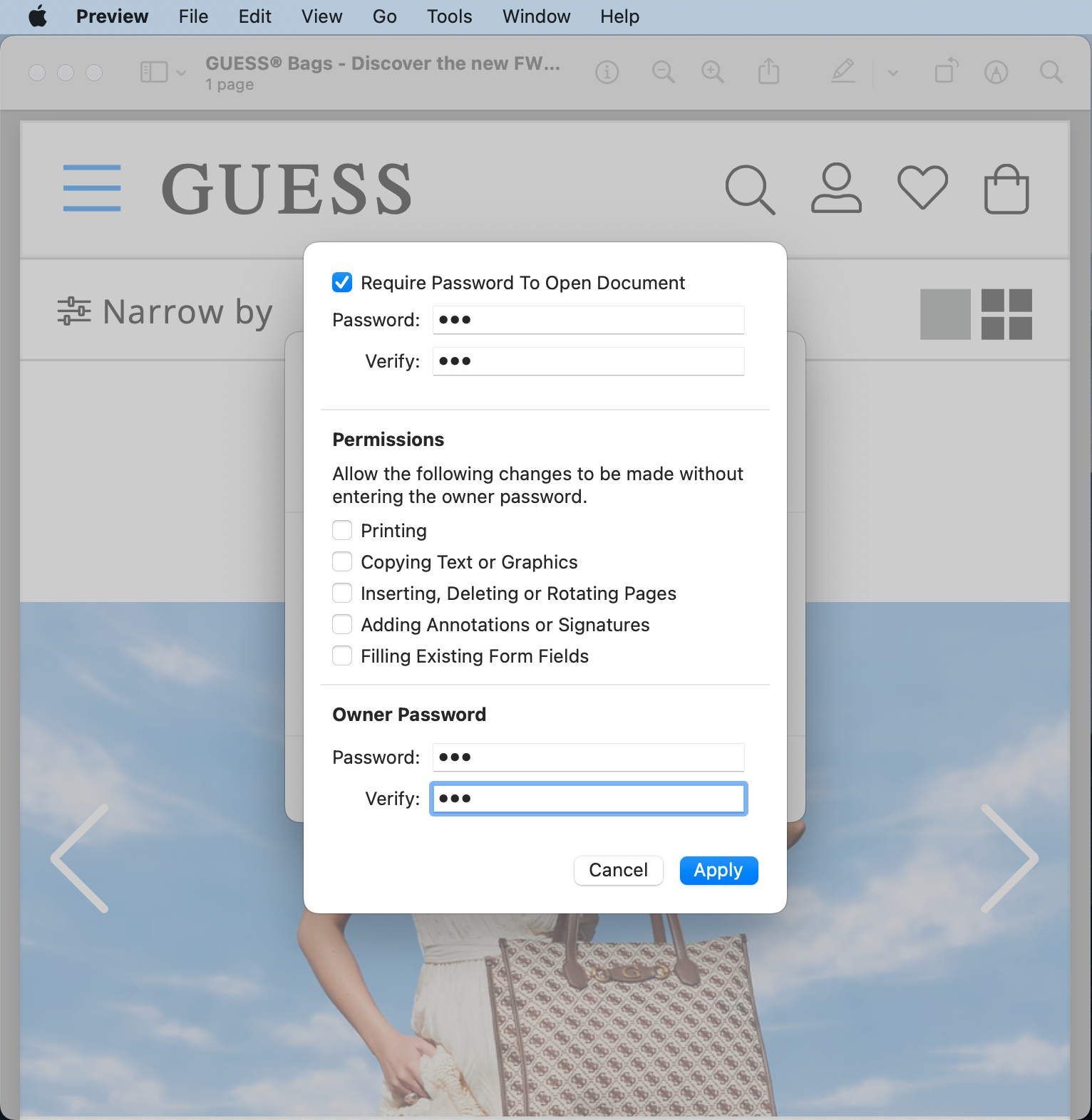 Preview shows the option to add a password when exporting a document. Create and verify your password, then click Apply. Preview shows the option to add a password when exporting a document. Create and verify your password, then click Apply.