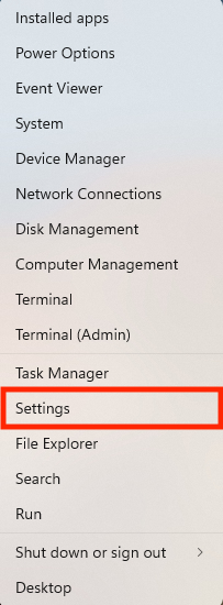 Windows shows the menu after right-clicking the Windows icon in the task bar. Click Settings to open the program. Windows shows the menu after right-clicking the Windows icon in the task bar. Click Settings to open the program.