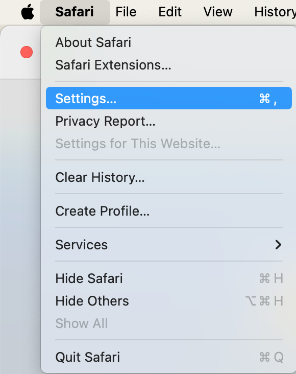 A screenshot of Safari's drop-down menu showing how to select Settings to remove malware from Mac. A screenshot of Safari's drop-down menu showing how to select Settings to remove malware from Mac.