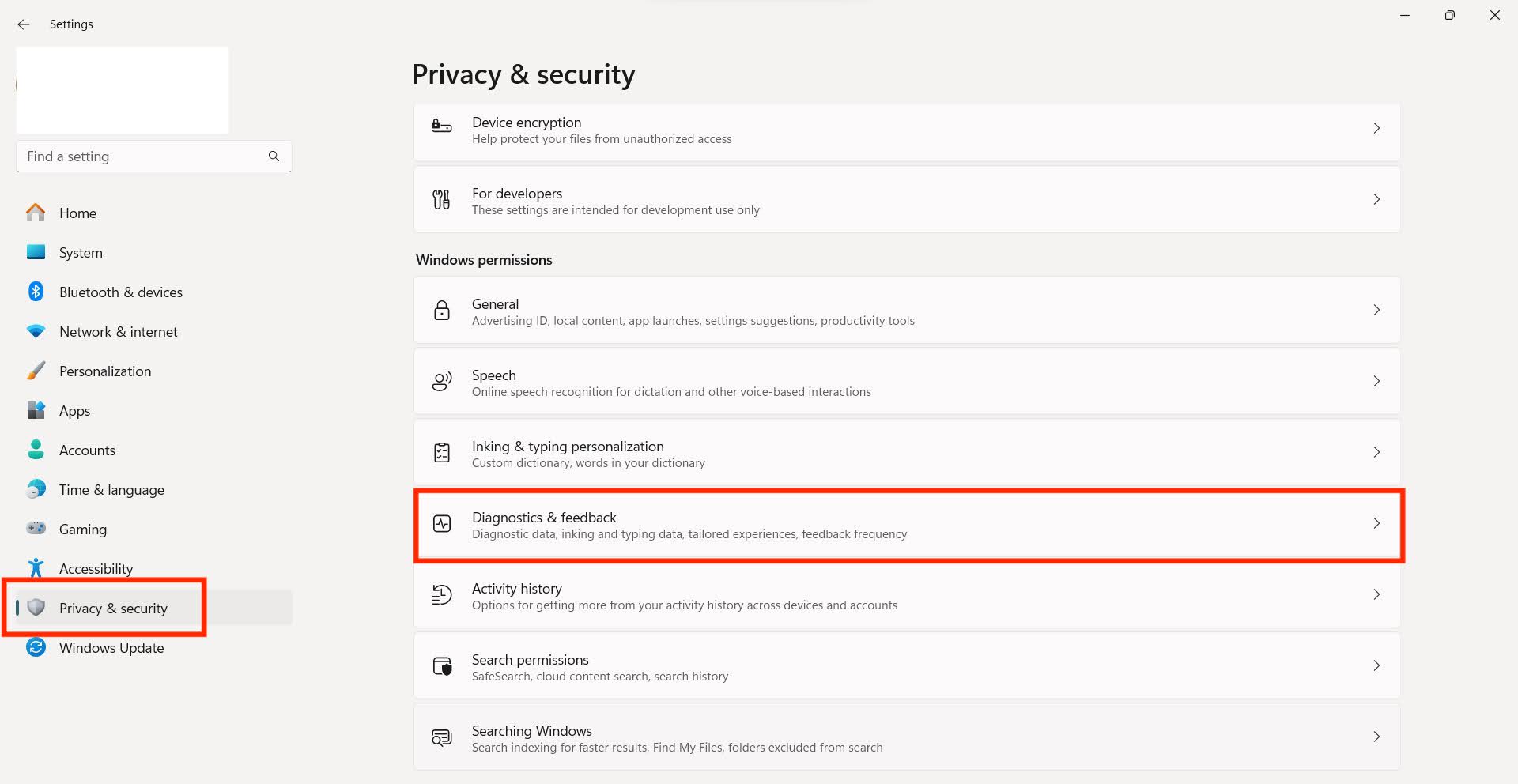 Settings menu on Windows 11, with the Privacy & Security side bar highlighted, along with the Diagnostics & feedback option Settings menu on Windows 11, with the Privacy & Security side bar highlighted, along with the Diagnostics & feedback option
