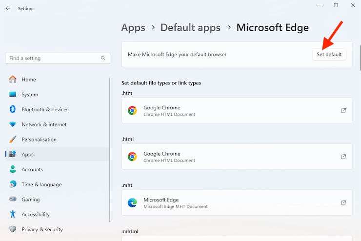 The Settings app in Windows shows the Default apps screen. Select the browser you want to use, then click Set default. The Settings app in Windows shows the Default apps screen. Select the browser you want to use, then click Set default.