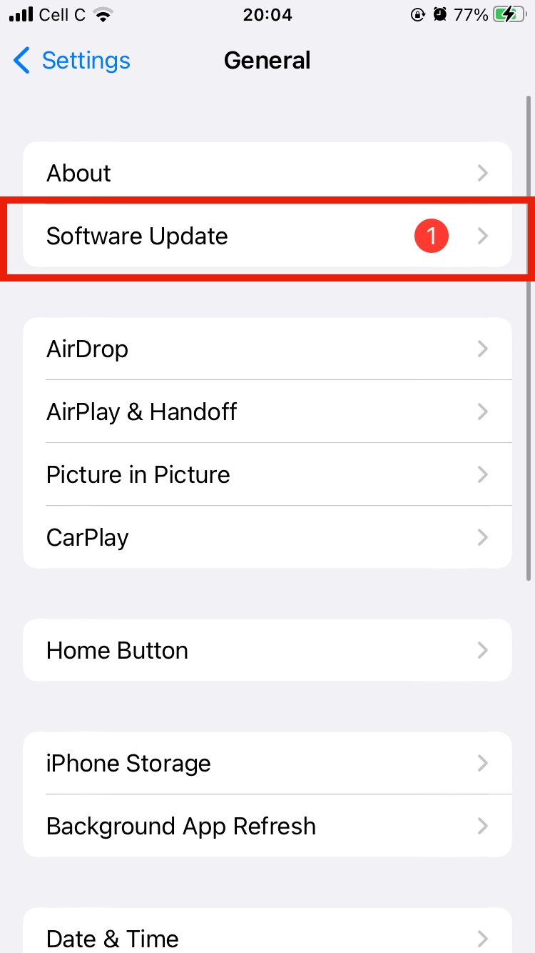 Selecting the Software Update option in iOS settings. Selecting the Software Update option in iOS settings.