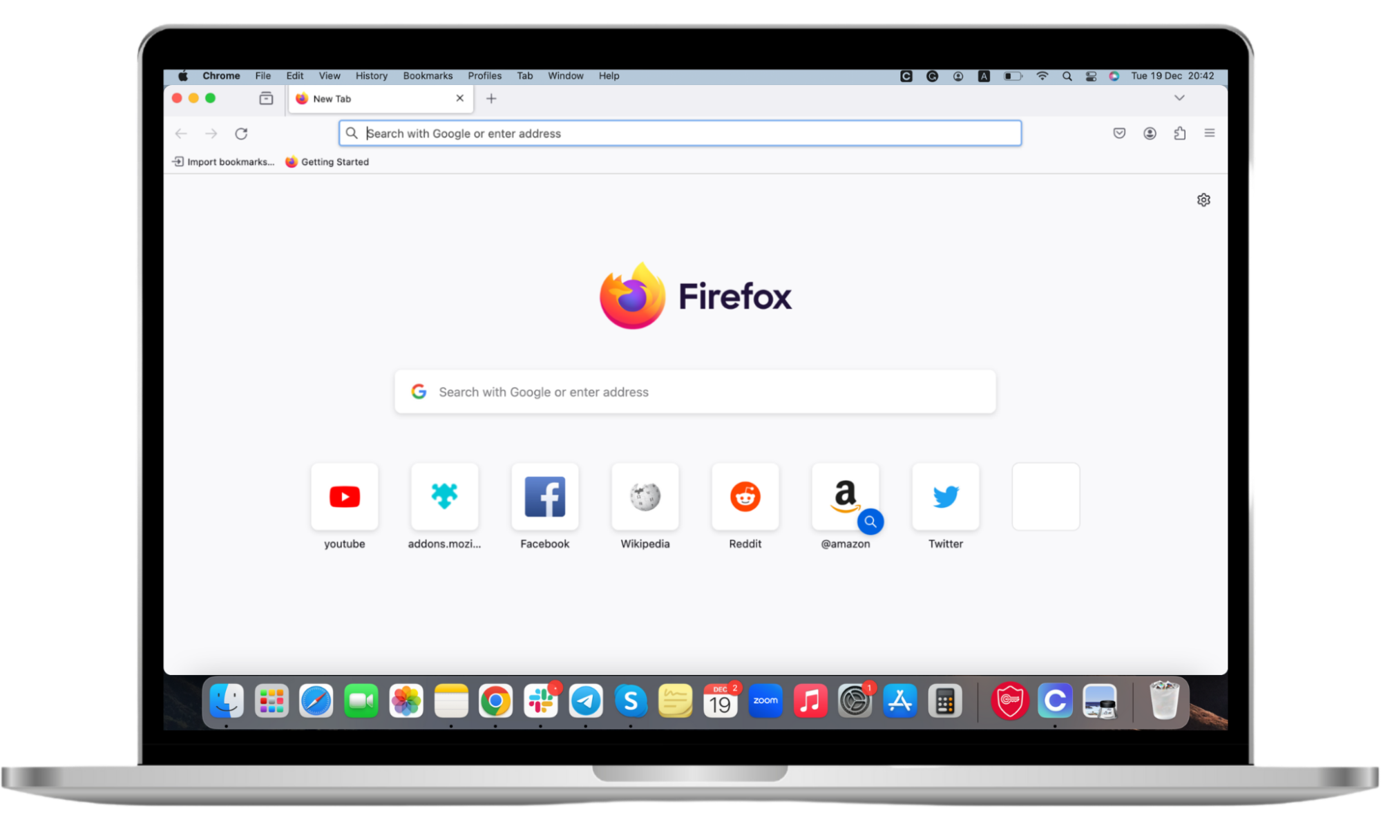 Firefox home page on a Mac screen. Firefox home page on a Mac screen.