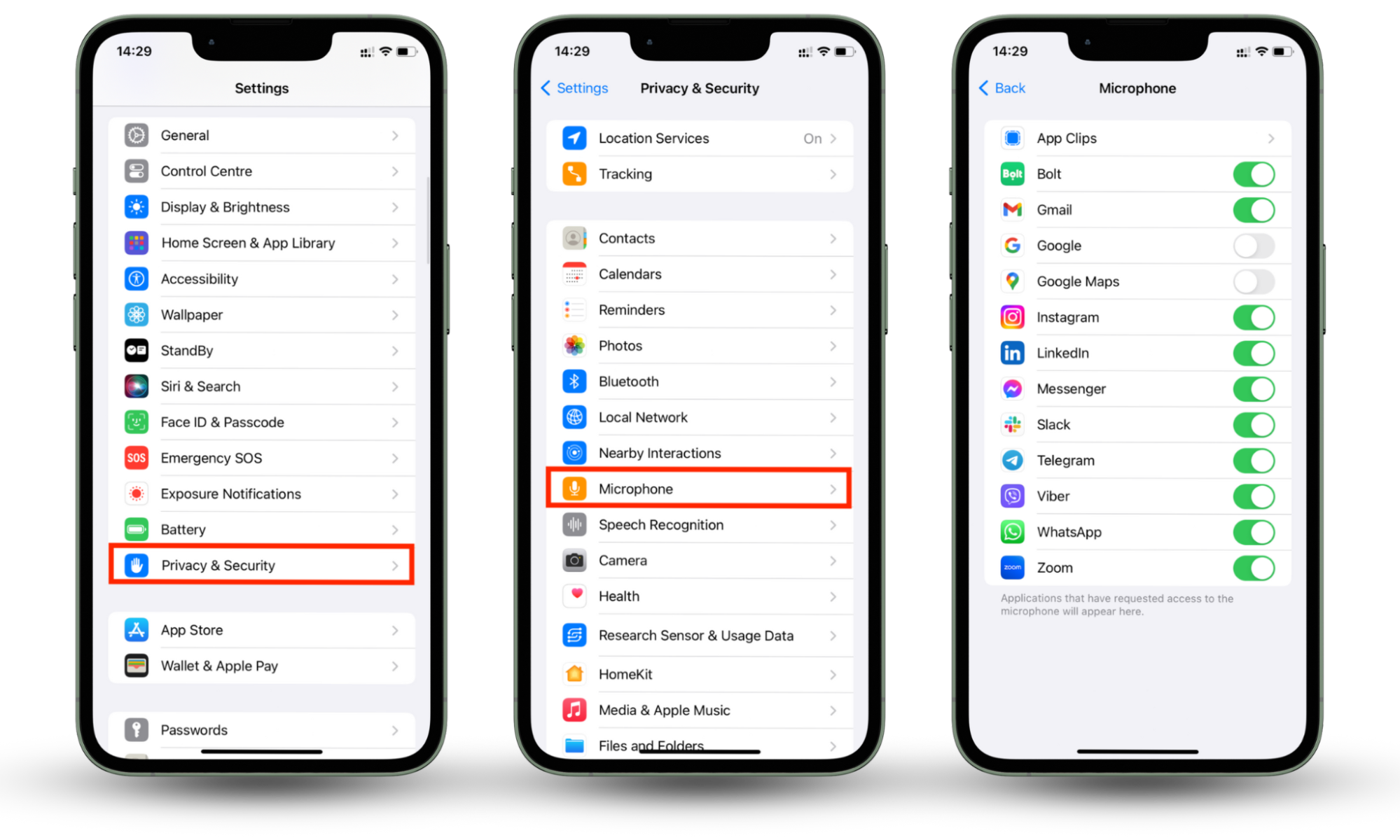 Screenshots that demonstrate how to view the camera and microphone permissions in iOS to check if someone is remotely accessing your iPhone. Screenshots that demonstrate how to view the camera and microphone permissions in iOS to check if someone is remotely accessing your iPhone.