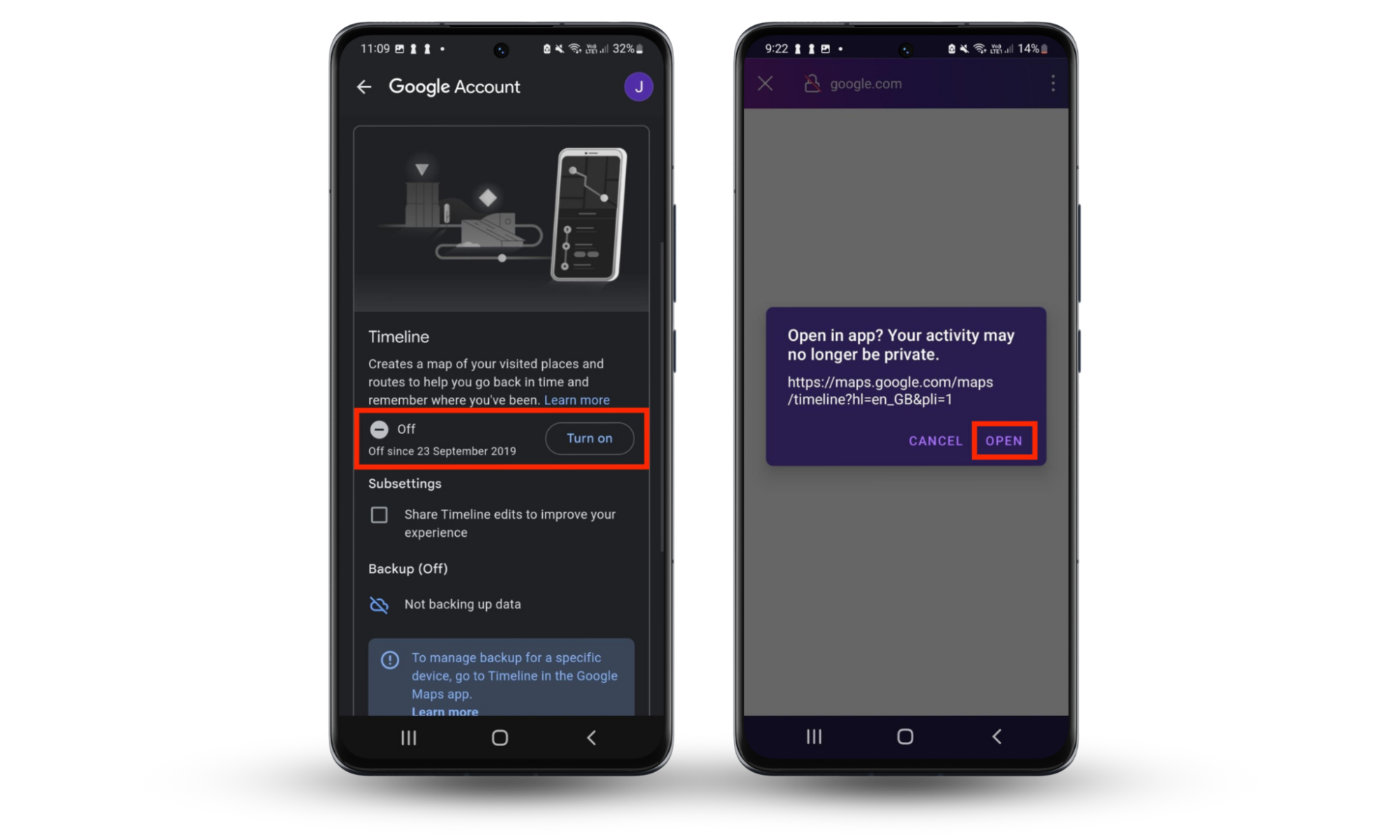 An Android screen showing how to turn off the Google Timeline in the settings menu. An Android screen showing how to turn off the Google Timeline in the settings menu.