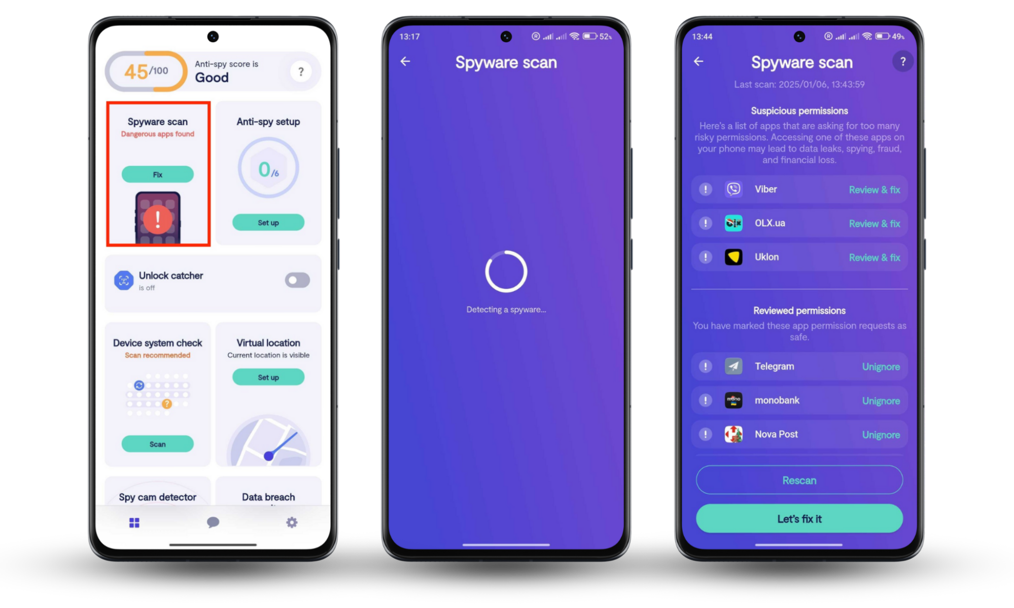 An Android phone with Clario Anti Spy's Spyware scan checking for malicious apps. To detect that your phone has been cloned, you can scan for spyware. An Android phone with Clario Anti Spy's Spyware scan checking for malicious apps. To detect that your phone has been cloned, you can scan for spyware.