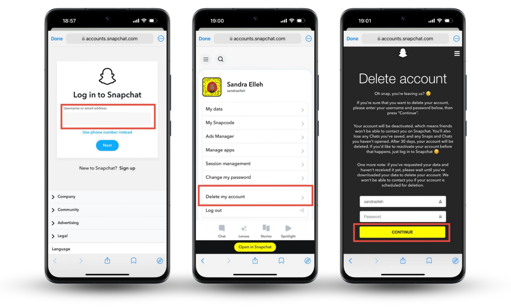 To delete your Snapchat account on Android, open your web browser and enter Snapchat account portal. Snapchat account portal is open on Android. Press Delete my account and Continue. To delete your Snapchat account on Android, open your web browser and enter Snapchat account portal. Snapchat account portal is open on Android. Press Delete my account and Continue.