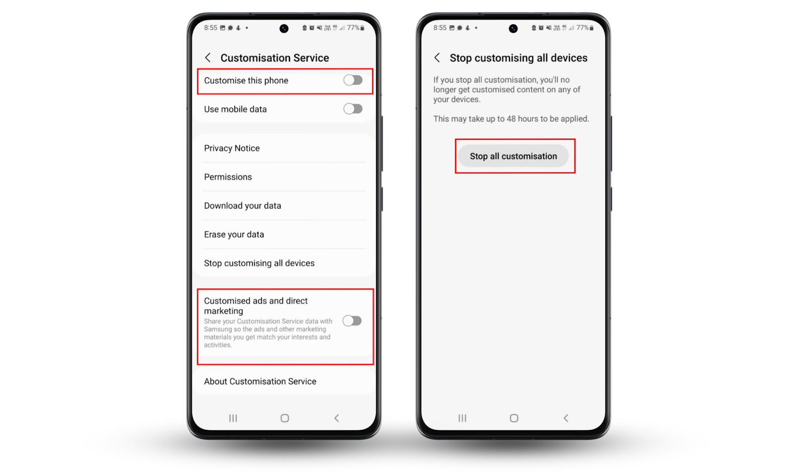 If you're worried that Someone Can Track your Phone Without your SIM, block personalized ads on Android. Toggle off Customize this phone and Customized ads and direct marketing, then select Stop all customization. If you're worried that Someone Can Track your Phone Without your SIM, block personalized ads on Android. Toggle off Customize this phone and Customized ads and direct marketing, then select Stop all customization.