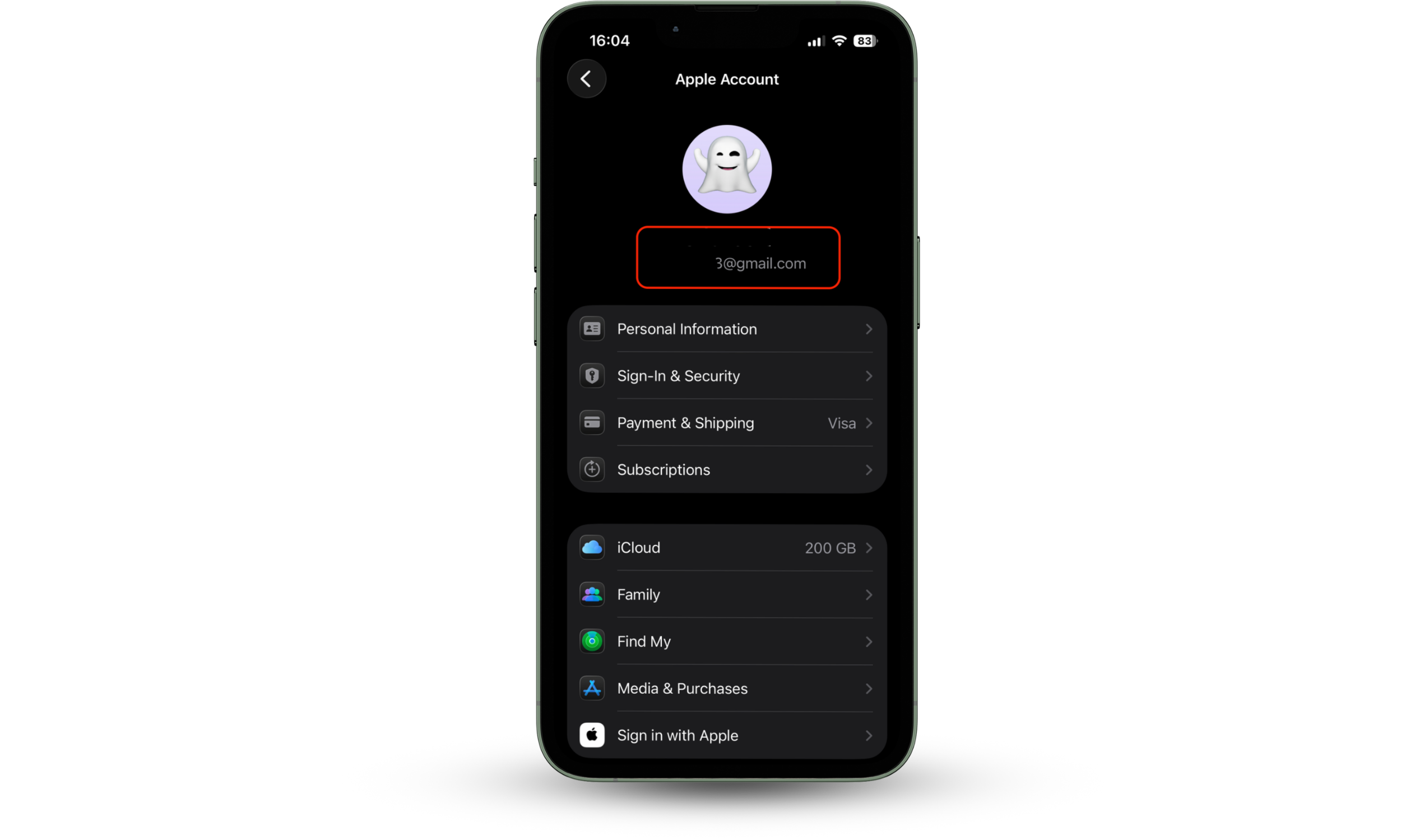 Apple ID account screen in iPhone Settings showing user signed in to iCloud with the same Apple ID used for the Find My app.