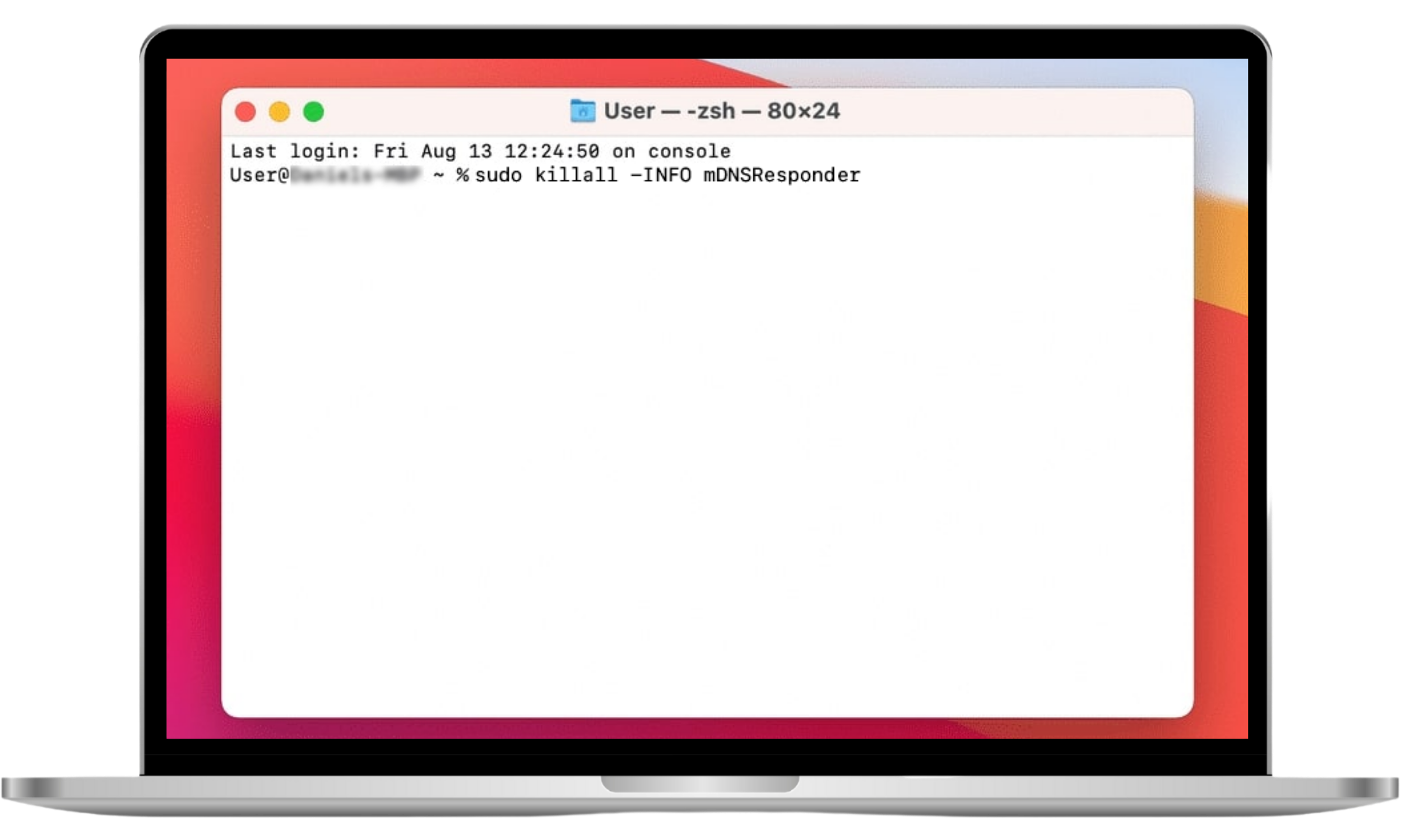 This macOS screenshot shows the Terminal command sudo killall -INFO mDNSResponder, which generates DNS resolver information for review in the Console app.