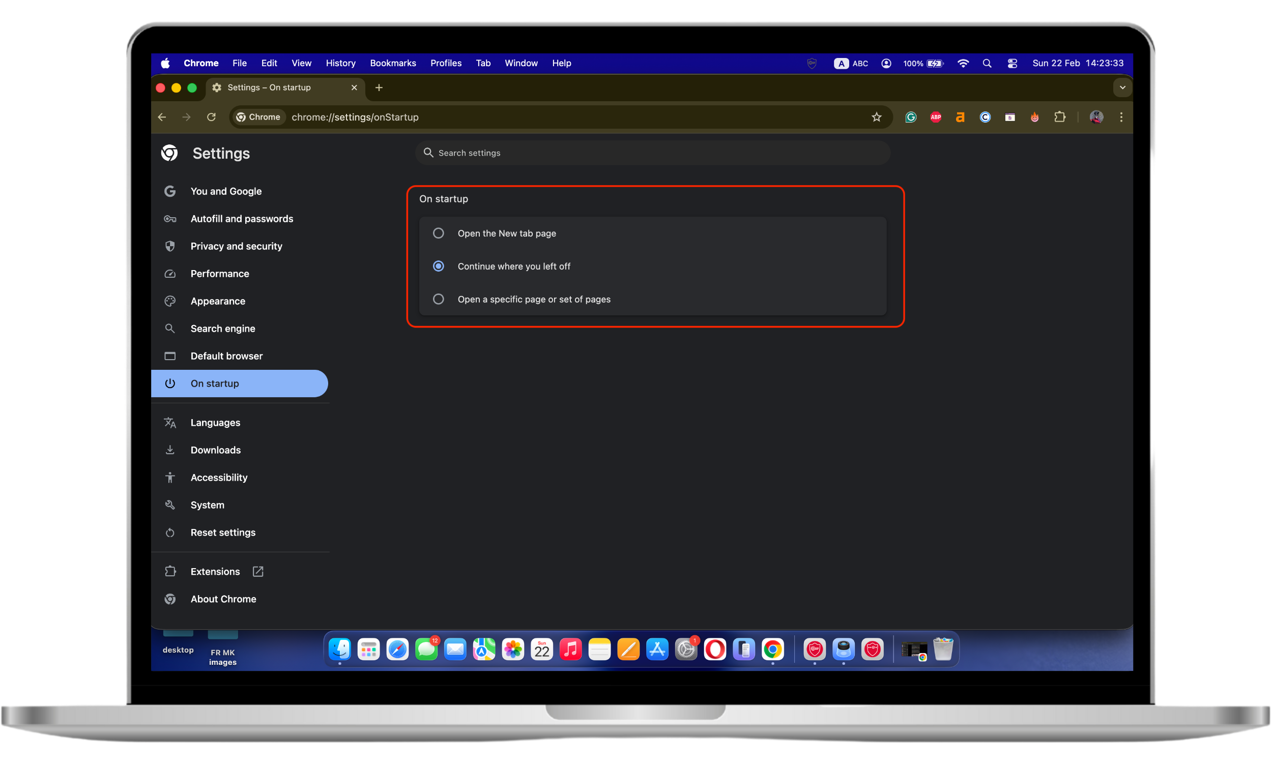 Chrome On startup settings page showing options to set a specific homepage when launching the browser