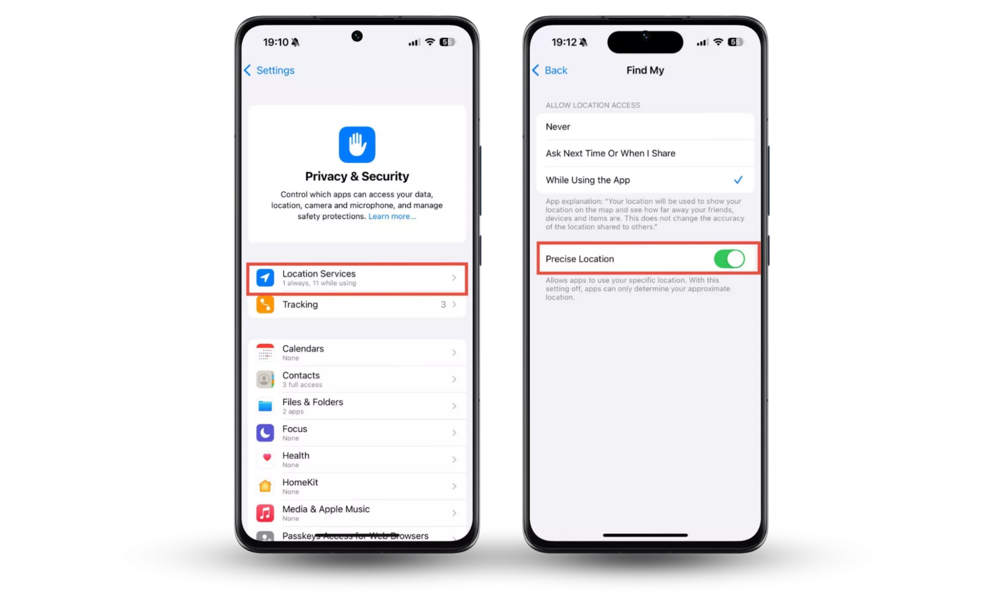 The steps needed to turn on Precise Location for Apple devices on an iPhone. If you're having trouble with AirTags, this might help.