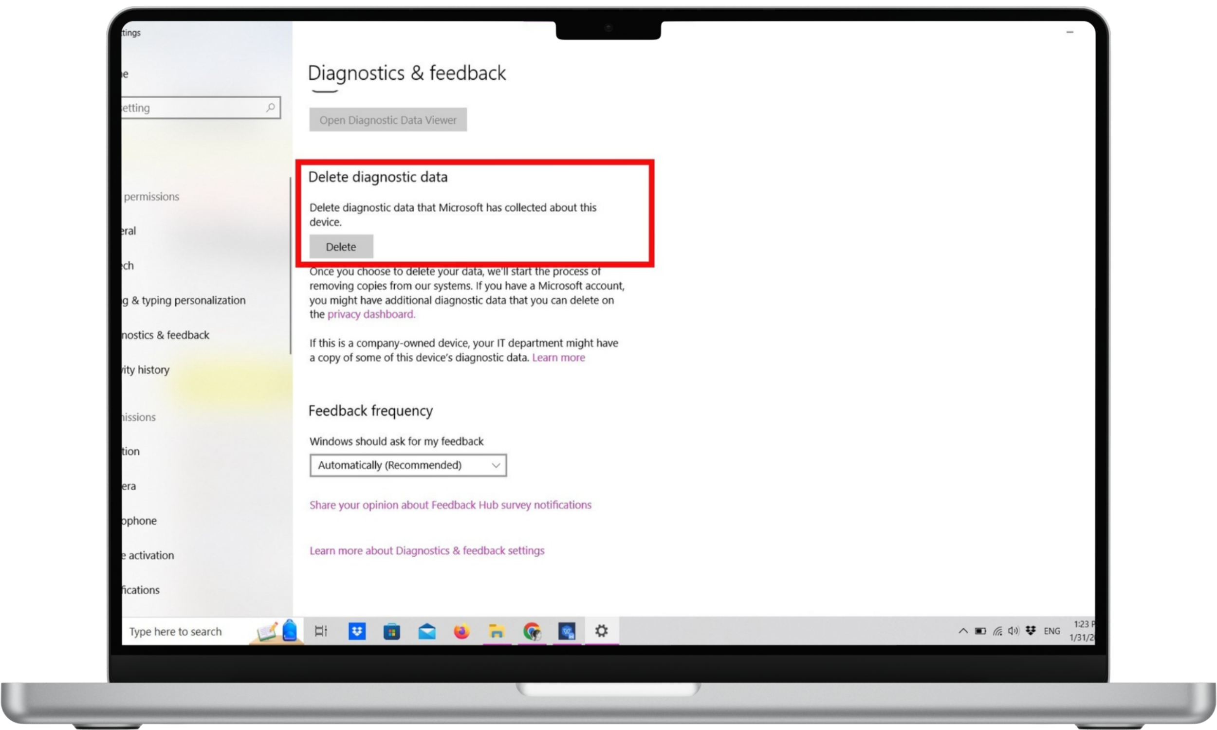 Delete diagnostic data in Settings on Windows 10 Delete diagnostic data in Settings on Windows 10