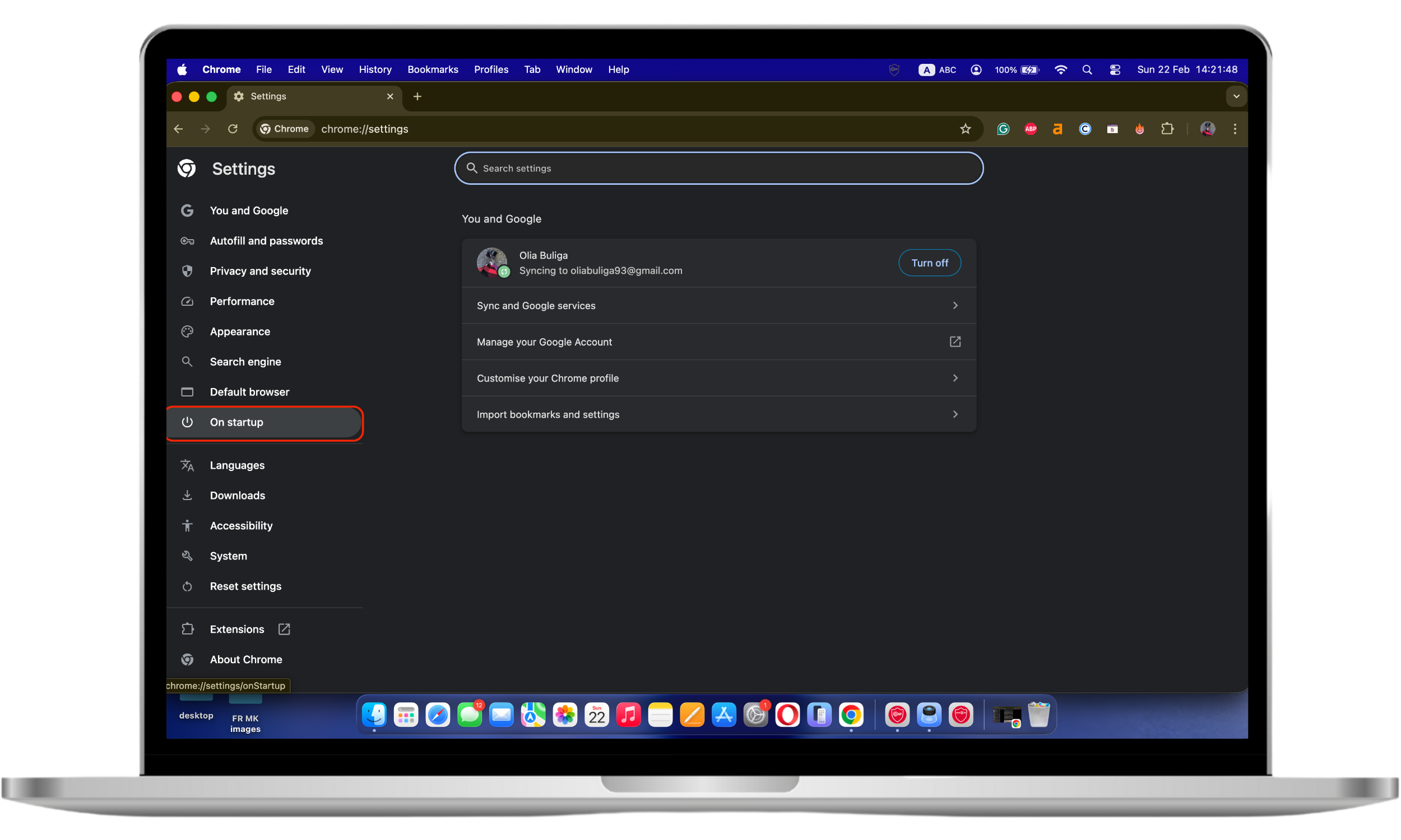 Chrome Settings page with the On startup section selected to manage the browser’s startup page settings