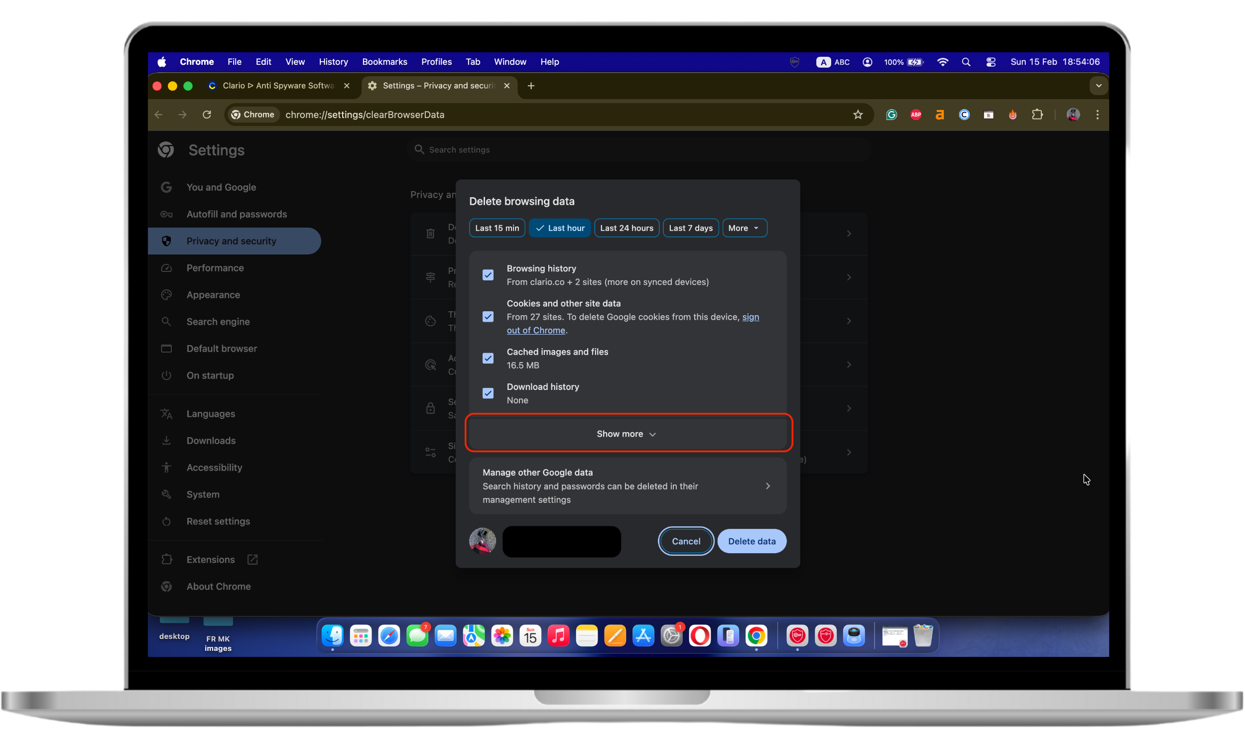 Chrome browsing data settings showing time range options with All time selected.
