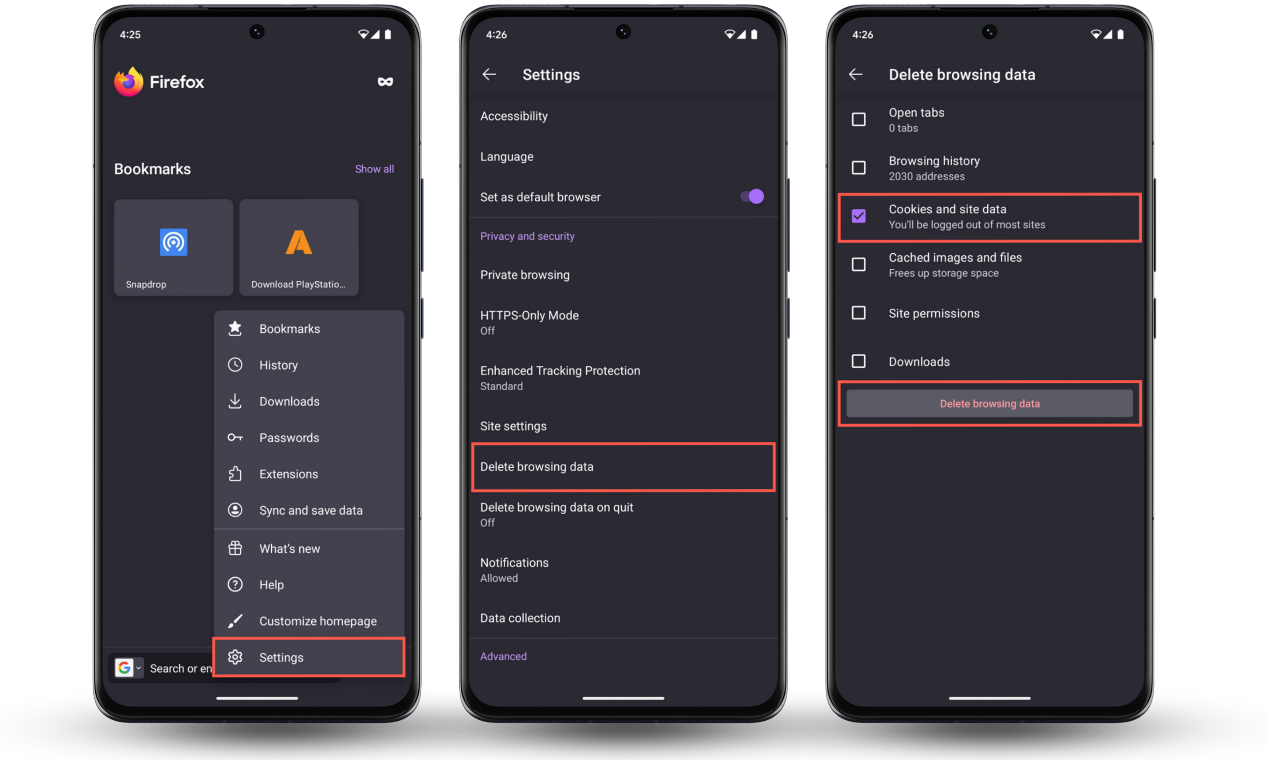 These Firefox screenshots show how to get rid of cookies on Android and enhance your privacy by visiting the browser's Settings panel. These Firefox screenshots show how to get rid of cookies on Android and enhance your privacy by visiting the browser's Settings panel.